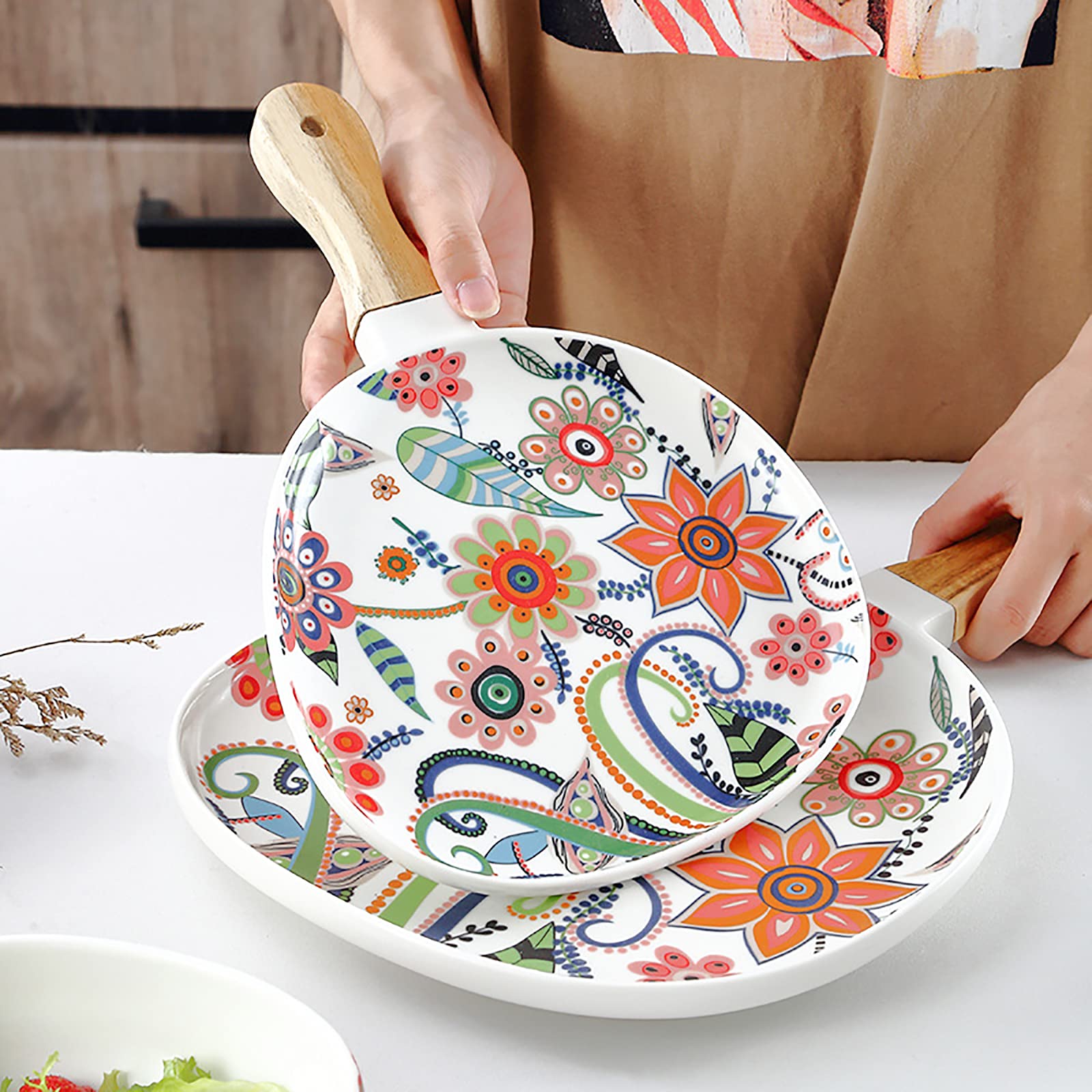 Lucck Ceramic Serving Plates With Handle 8.2 Inch Unique Oval Dinner Plates Flower Pattern Matte Ceramic Baking Dish For Side Di
