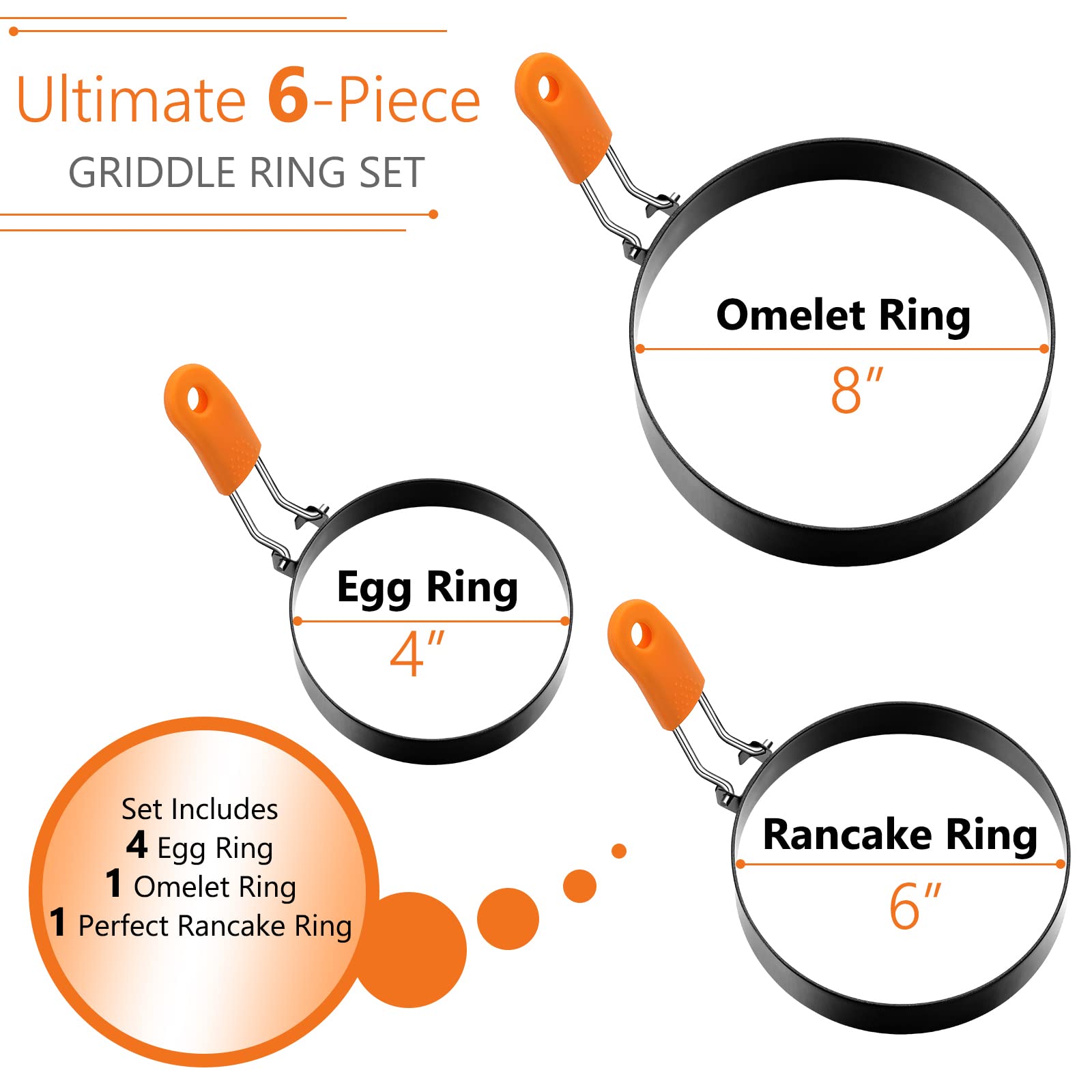 Patelai 6 Pcs Professional Egg Ring Pancake Ring Set Stainless Steel Fried Egg Ring Griddle Pancake Shapers With Silicone Handle