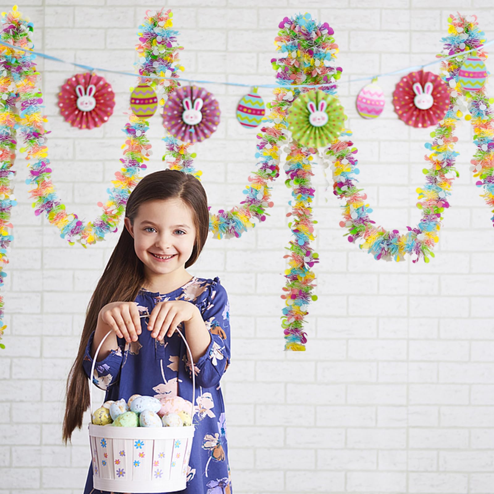 Easter Garland Decor,50Ft Glitter Tinsel Spring Garland Decorations for Tree Mantle Bedroom Office Classroom Party Indoor Outdoo