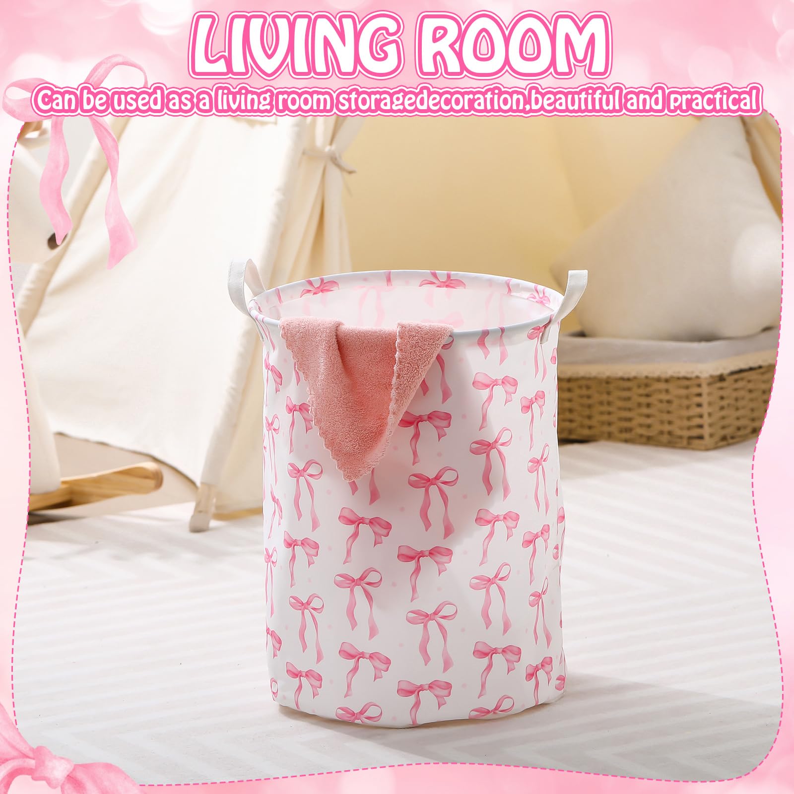 Croblissful 2 Pcs Coquette Bow Laundry Basket Coquette Storage Basket For Girls Nursery Hamper With Handles Foldable Waterproof