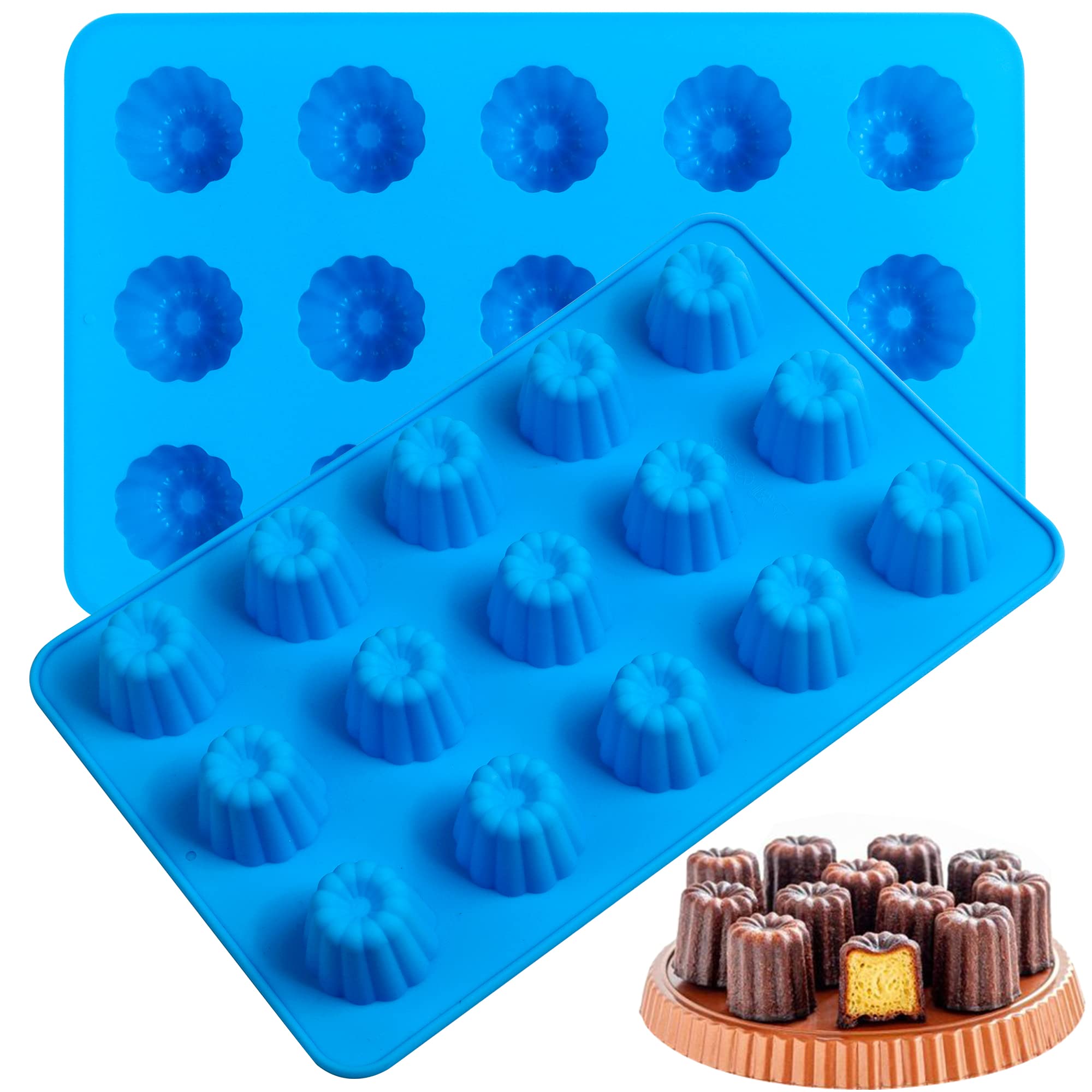 Sidosir 2Pcs Canele Mold Silicone, 15-Cavity Mini Nonstick Canele Silicone Baking Cake Pan For Bread Muffin (15-Cavity)