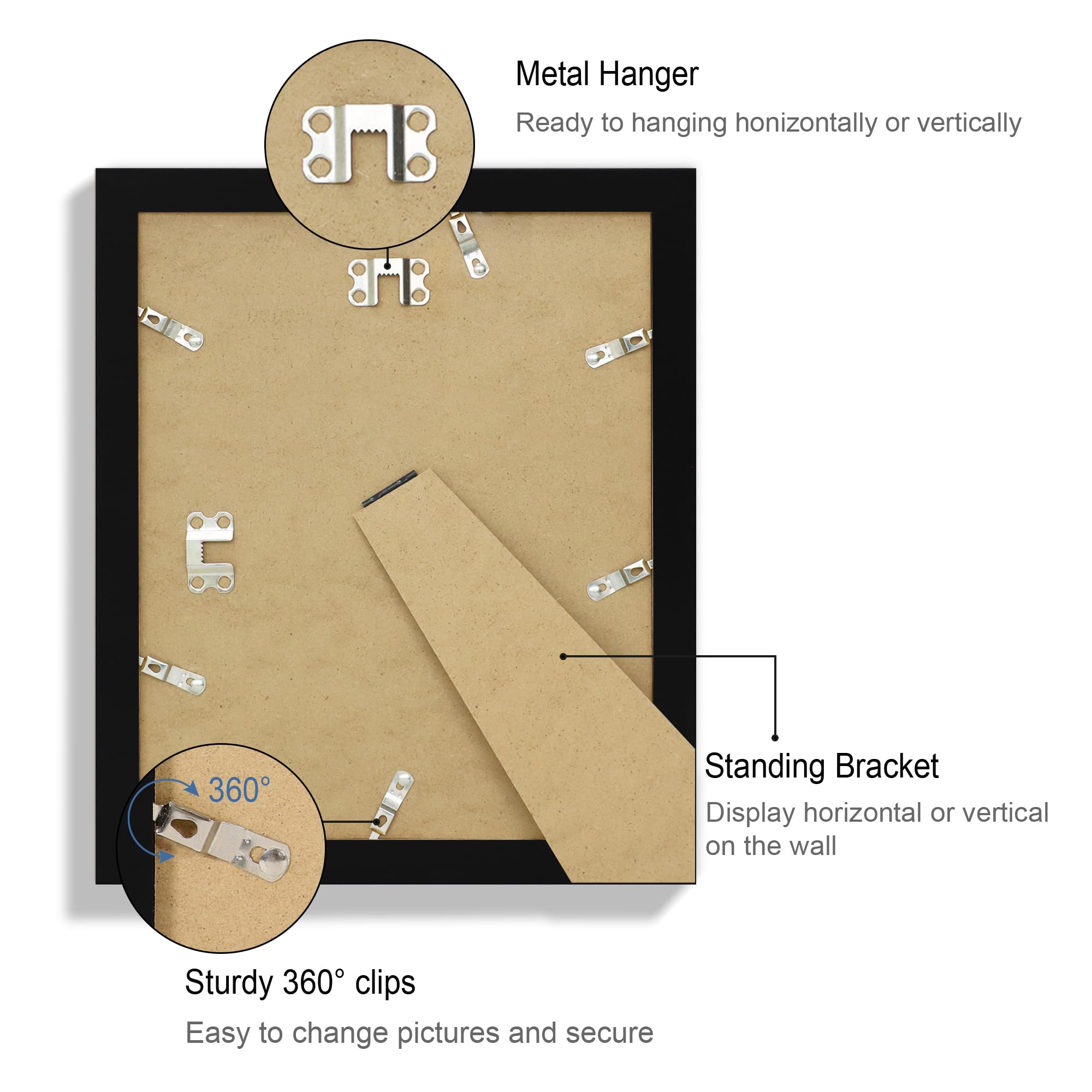 Hongkee 9x11 Picture Frame Set of 4, Made of Real Glass and Black Frame - Display Picture 7x9 with Mat or 9x11 Without Mat, 9 by