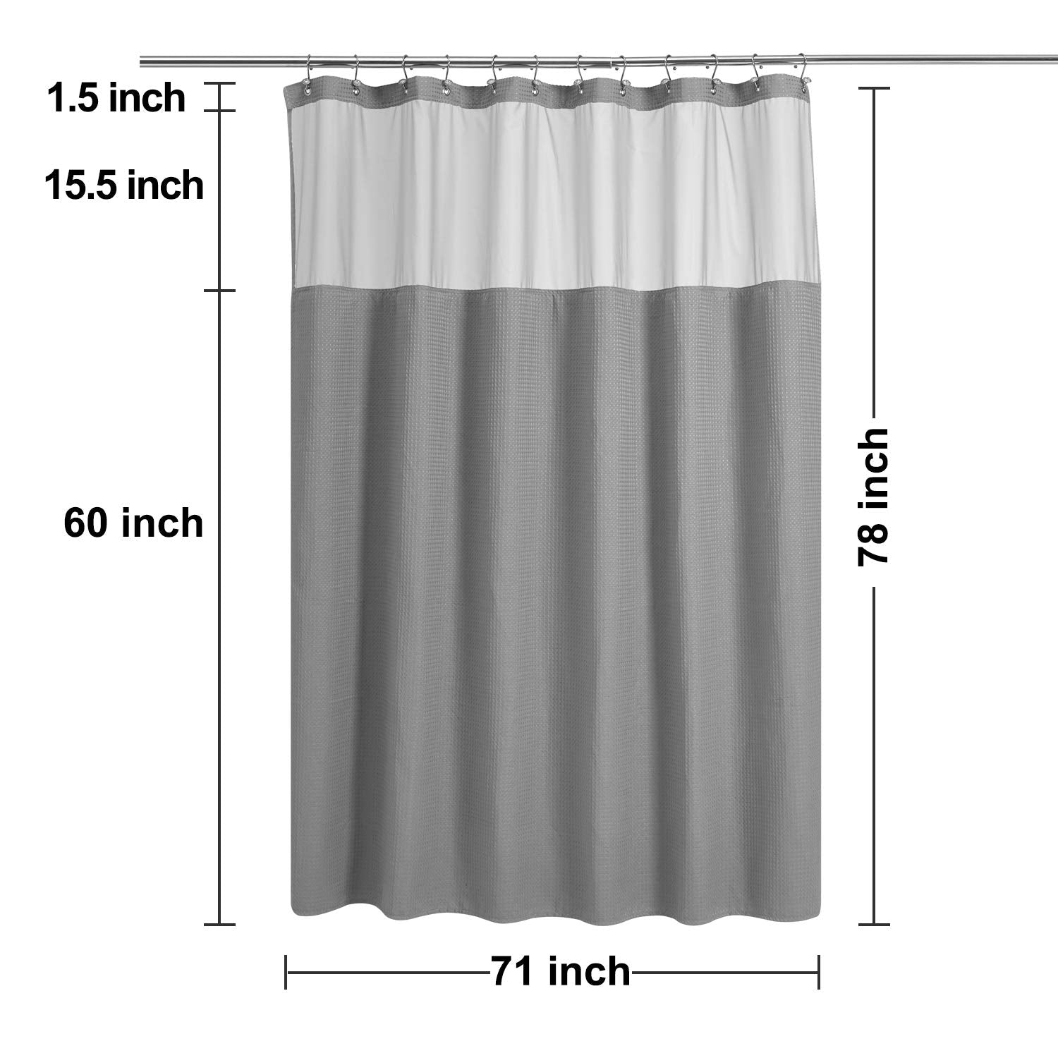 N&Y Home Long Waffle Weave Shower Curtain With Snap-In Fabric Liner And 12 Hooks Set - 71'' X 78'', Hotel Style & Mesh Top Windo