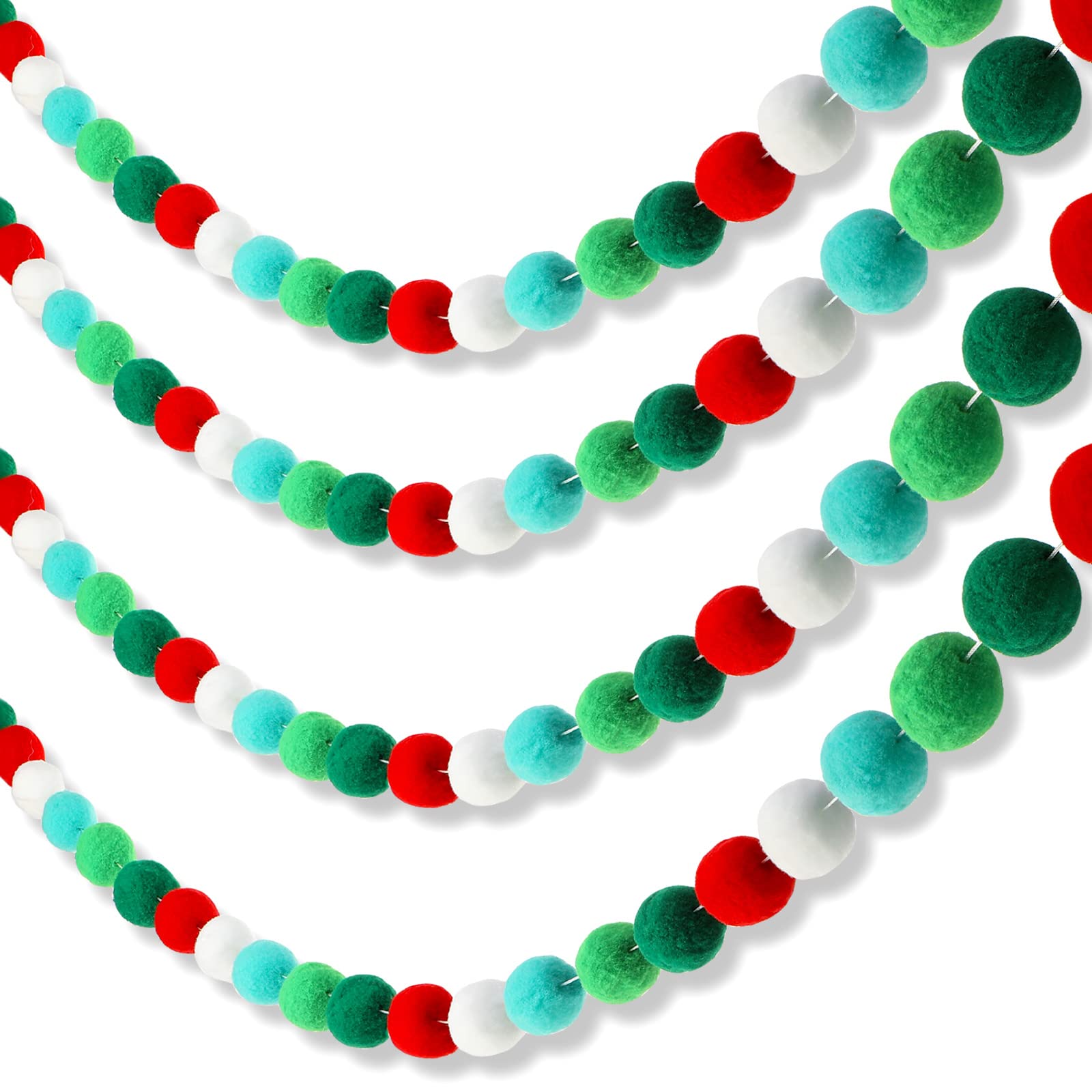 2 Pieces Christmas Felt Ball Garland Pom Pom Garlands Ball Banner for Christmas Party Festivals Decoration (Red, Dark Green, Lig