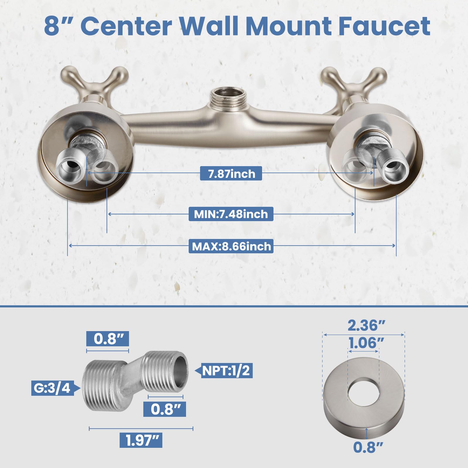 Airuida Brushed Nickel Wall Mount Kitchen Faucet with Sprayer Wall Mounted Kitchen Sink Faucet 8 Inch Center Double Cross Handles 360 Degree Swivel Spout Restaurant Mixer Tap Commercial