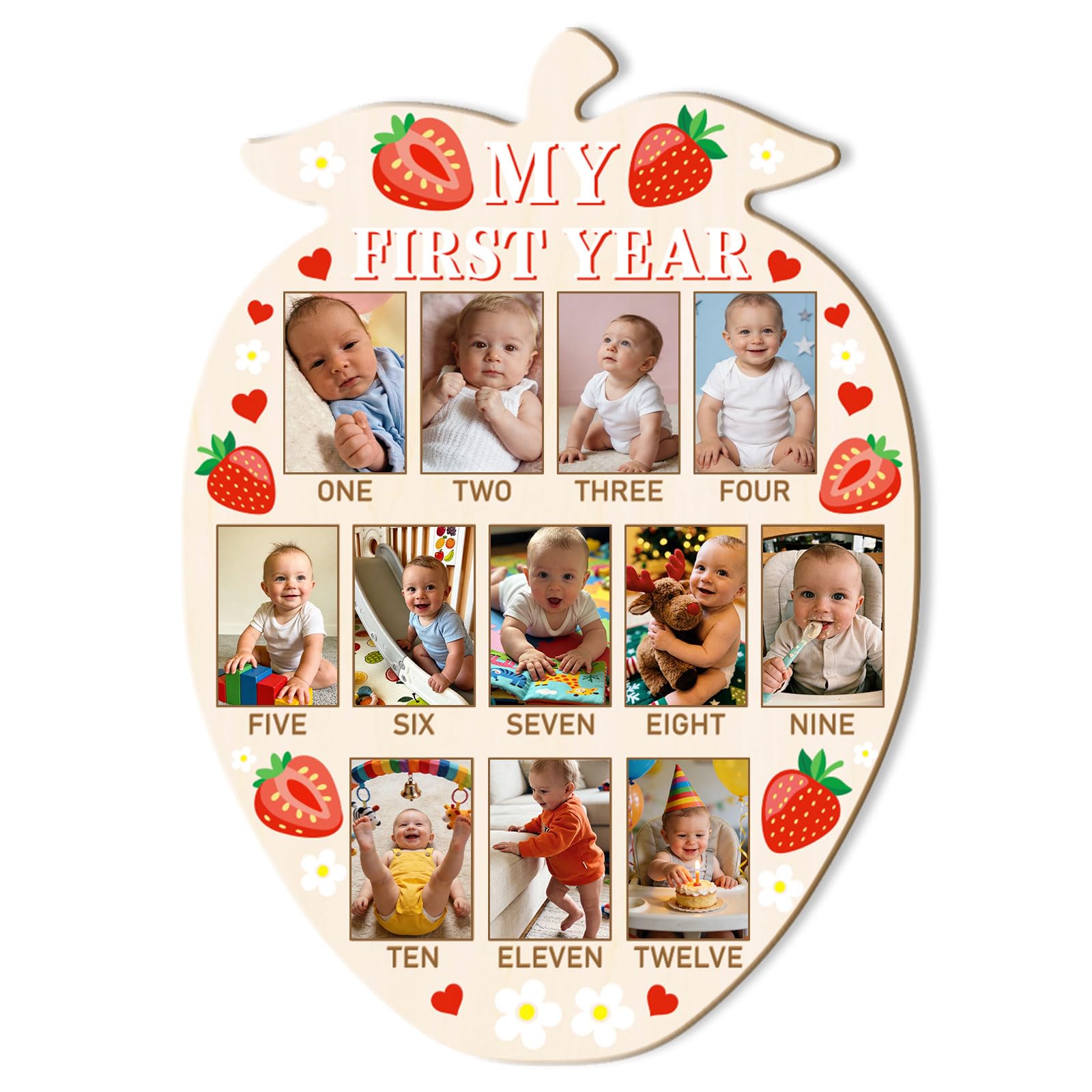 ORIGACH Strawberry Shape My First Year Baby Growth Photo Display Board, 12 Months Newborn Milestones Wood Keepsake Board for 1st