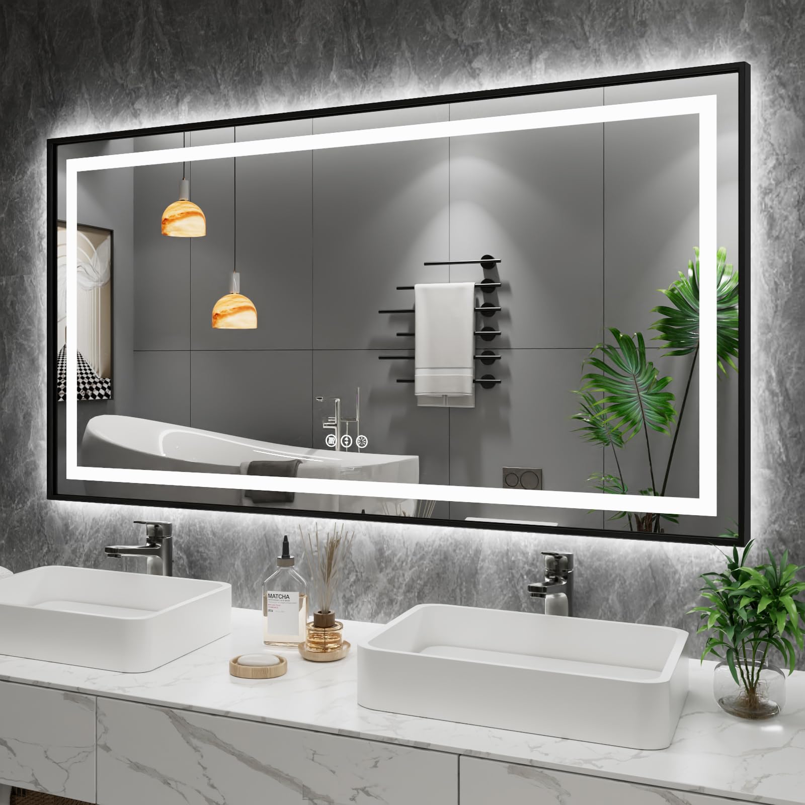 Amorho 50''X 36'' Led Bathroom Mirror With Black Frame, Front Light And Backlit, Stepless Dimmable, Anti-Fog, Shatter-Proof, Mem