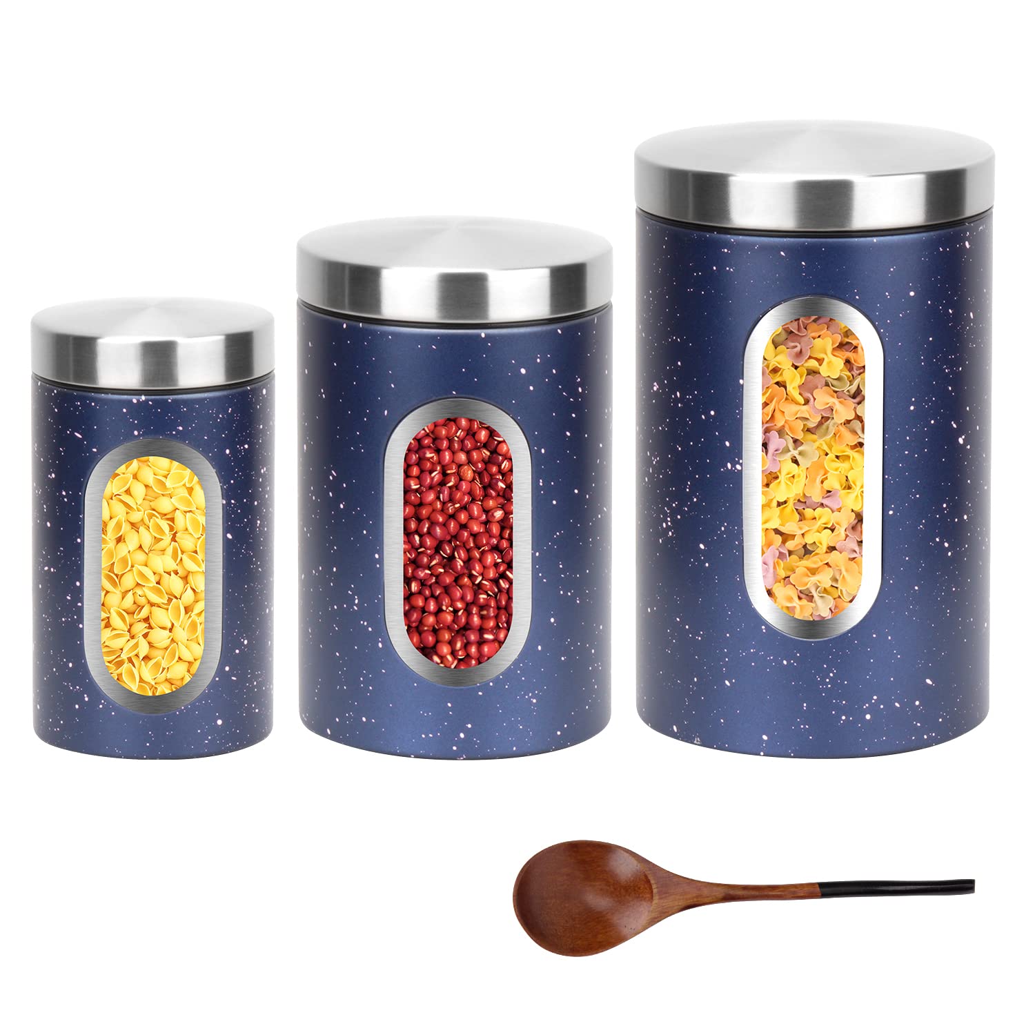 Aeunkiuo Black Kitchen Counter Canister Set 3 Pieces, 0.9/1.6/2.9 Quarts Stainless Steel Flour Sugar Tea Coffee Biscult Storage