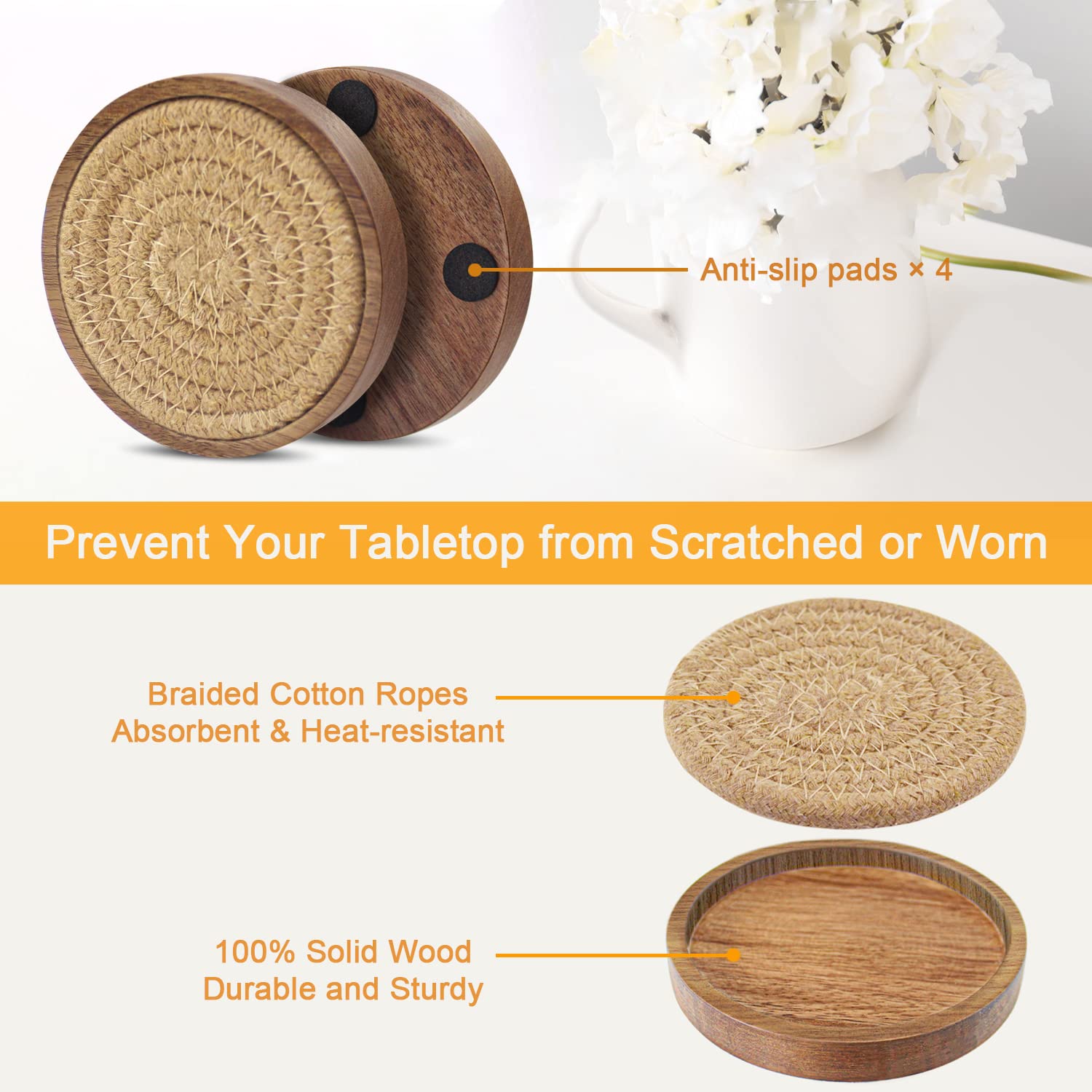 Eykao Wood Coasters For Drinks, Absorbent Coaster Sets Of 5, Woven Drink Coasters For Coffee Table, Housewarming Gift For Farmho
