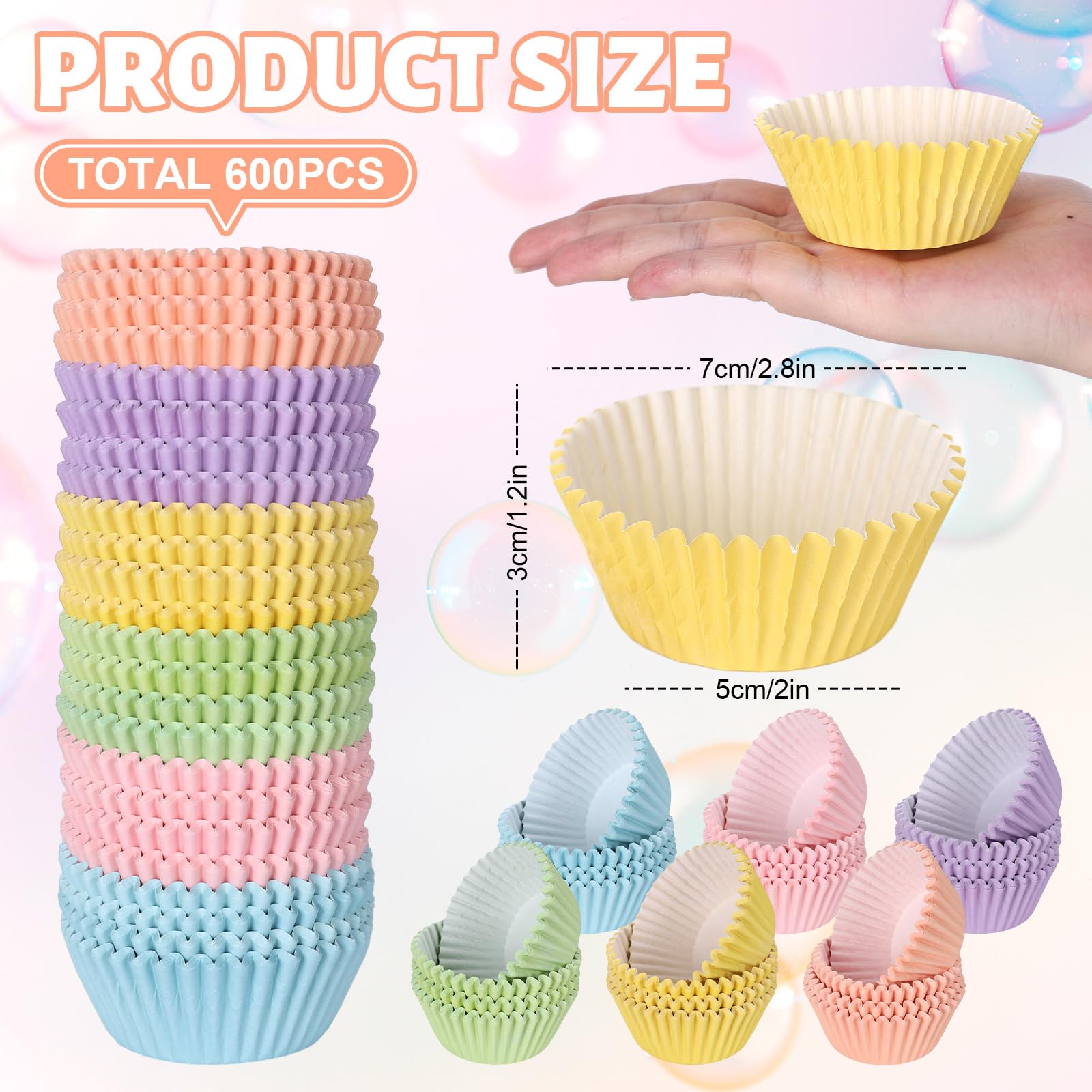 Whaline 600Pcs Colorful Cupcake Liners Pastel Color Cupcake Wrappers Baking Cup Light Pink Blue Purple Yellow Orange Green Muffi