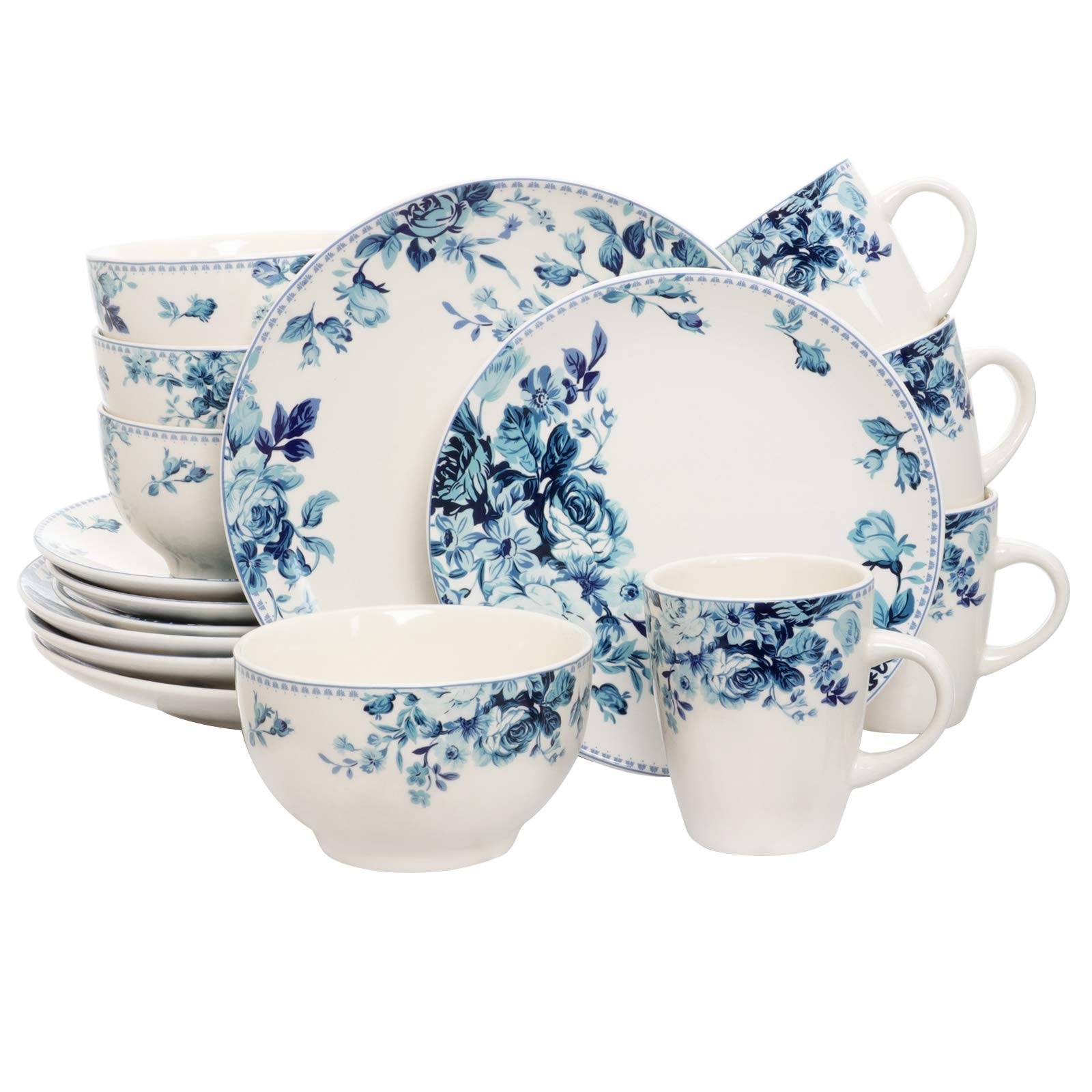 Elama Traditional Blue And White 16 Piece Dinnerware Set