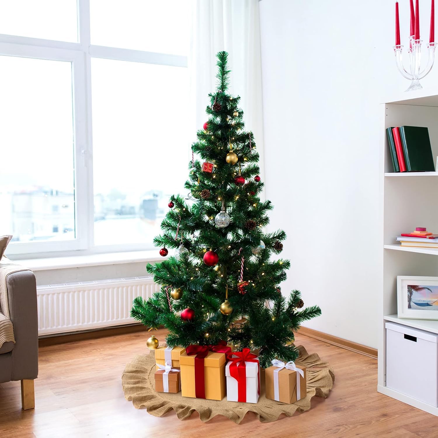 Tatuo 55 Inch Christmas Tree Skirt Decorations Linen Burlap Tree Skirt Round Xmas Cover for Christmas Party Mat Fall Indoor Clea