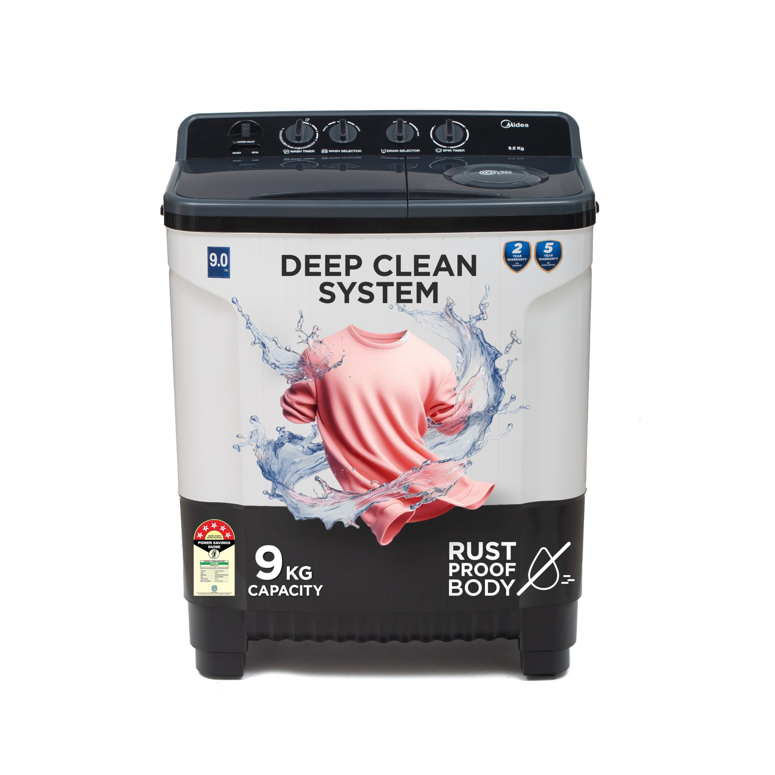 Midea 9 Kg 5 Star Semi Automatic TopLoad Washing Machine Black White (Mwmsa090Sappg(Kw), Rat Away Feature, Air Jet Dry Ipx4 Pro