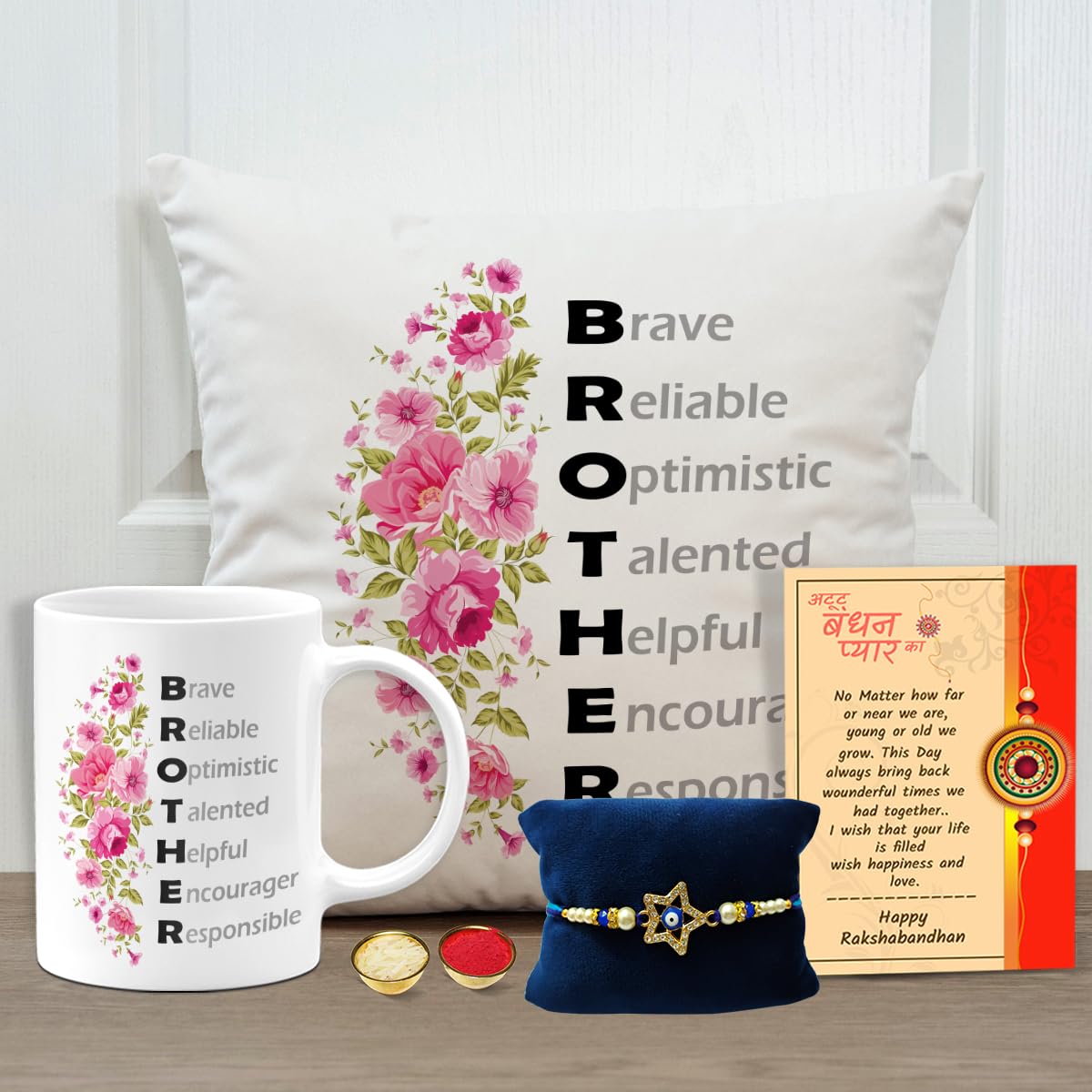 SKYTRENDS Rakhi Gift for Brother Printed Cushion cover with filler, Coffee Mug-201