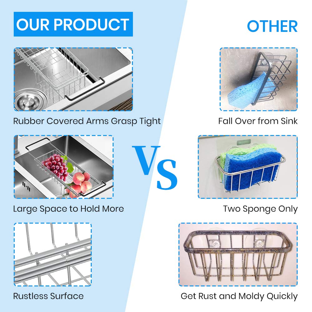Treelen Sink Caddy Sponge Holder Kitchen Sink Organizer Sponge Caddy Expandable 13.9'' To 20'' Farmhouse Sink Accessories For Ra