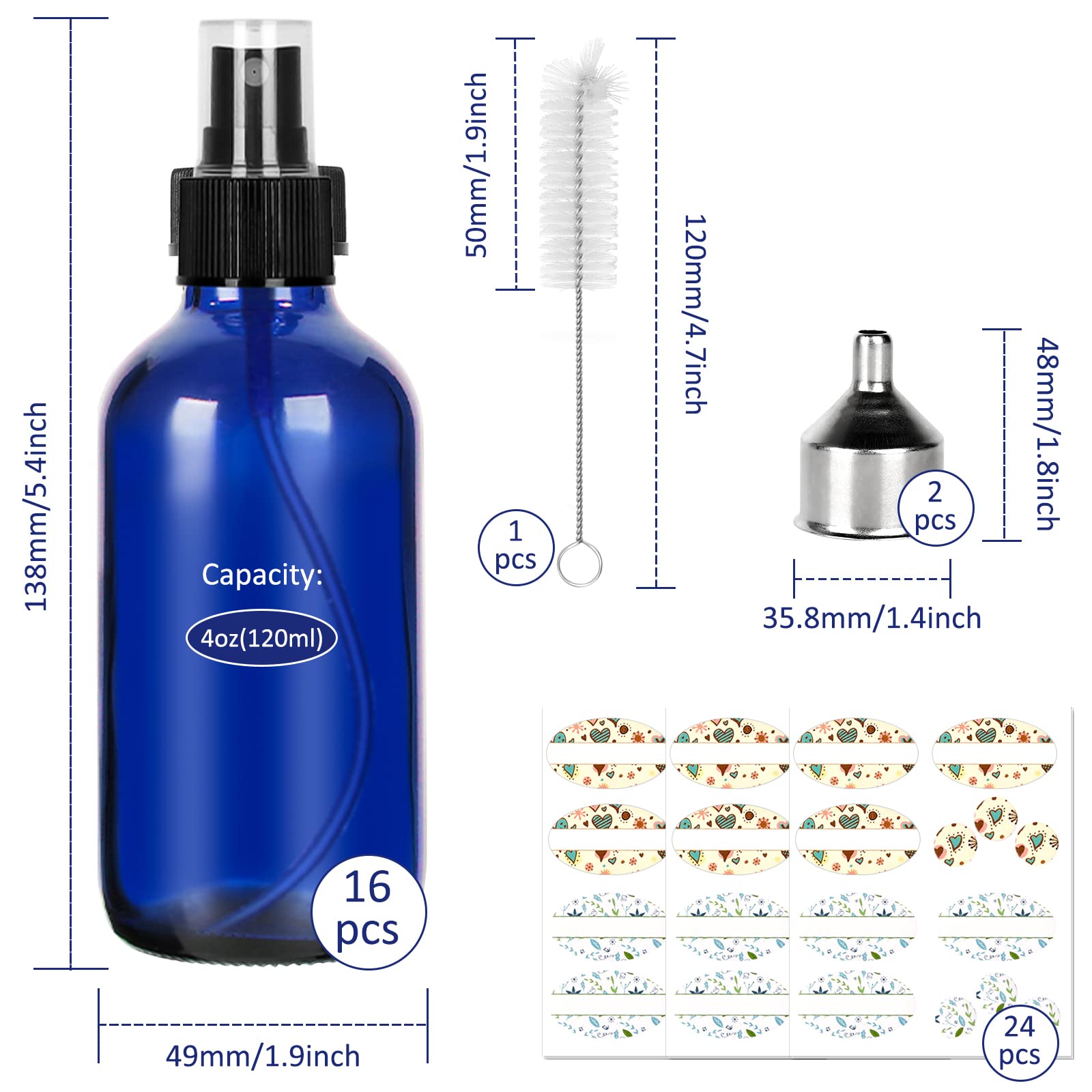 Cyclemore 120Ml 16 Pack 4Oz Blue Glass Spray Bottles With Fine Mist Sprayers, Glass Travel Bottles For Cosmetic, Essential Oils,