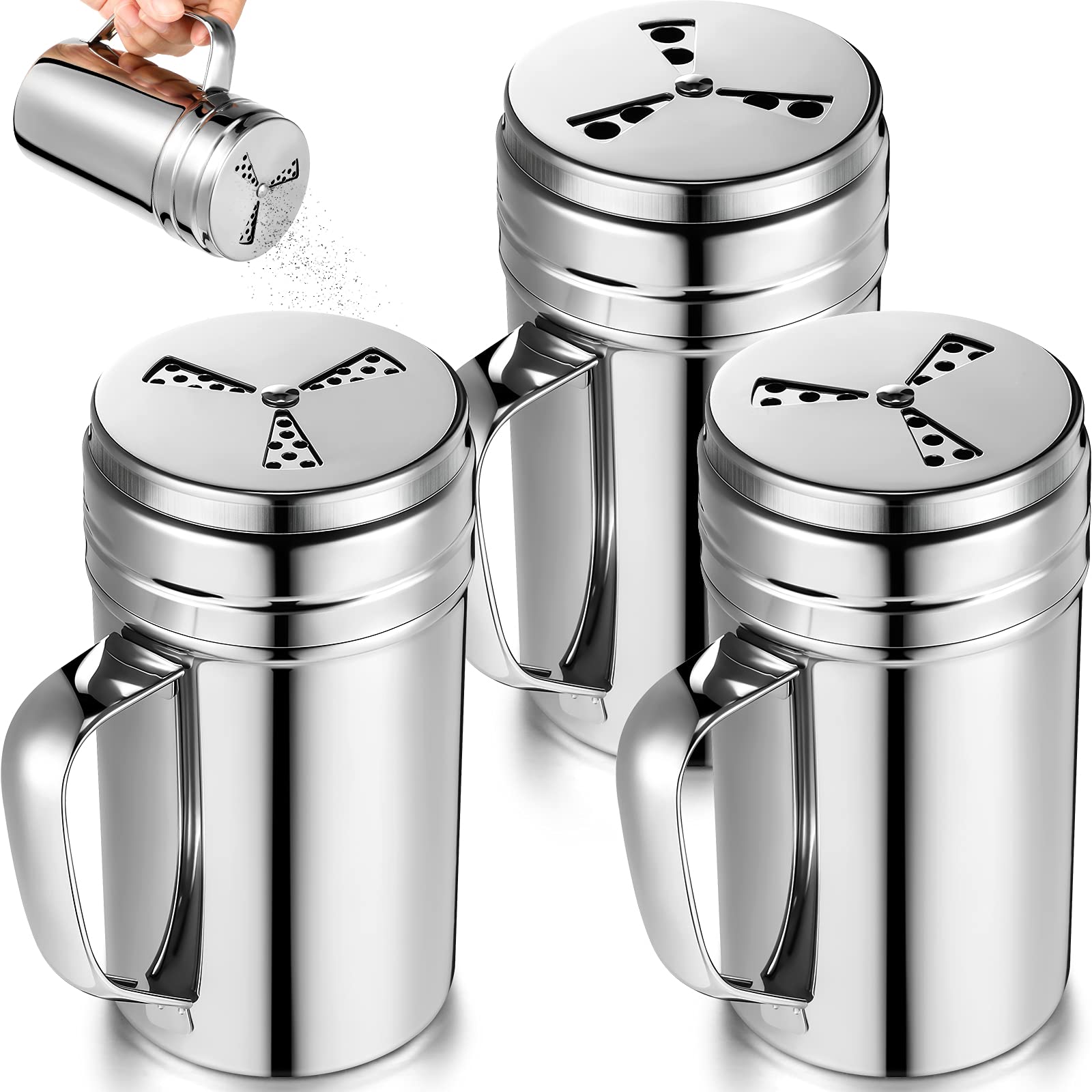 3 Pieces Seasoning Bottle With Handle Stainless Steel Spice Shaker Metal Versatile Dredge Shaker With Rotating Cover For Cooking
