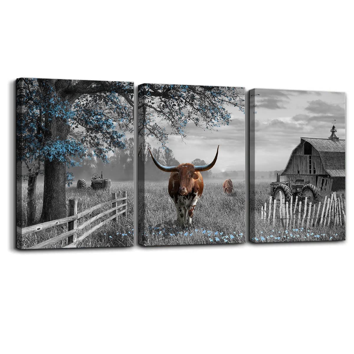 yiijeah Large Wall Art Brown Cow Wall Decor Blue Tree Pictures Farmhouse Wall Decorations for Living Room Rustic Wall Decor for 