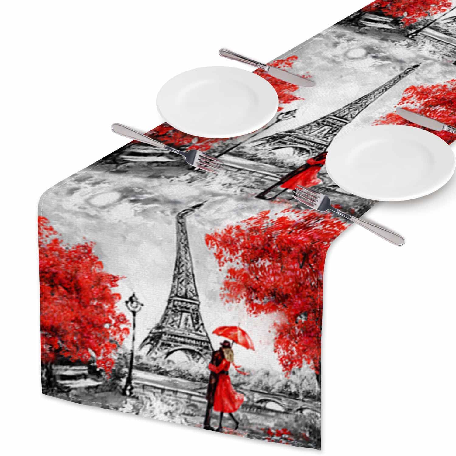 Hosnye Table Runner Paris Eiffel Tower Lover Watercolor,Cotton Linen Table Runner Decoration For Kitchen Family Dinner Table Hol