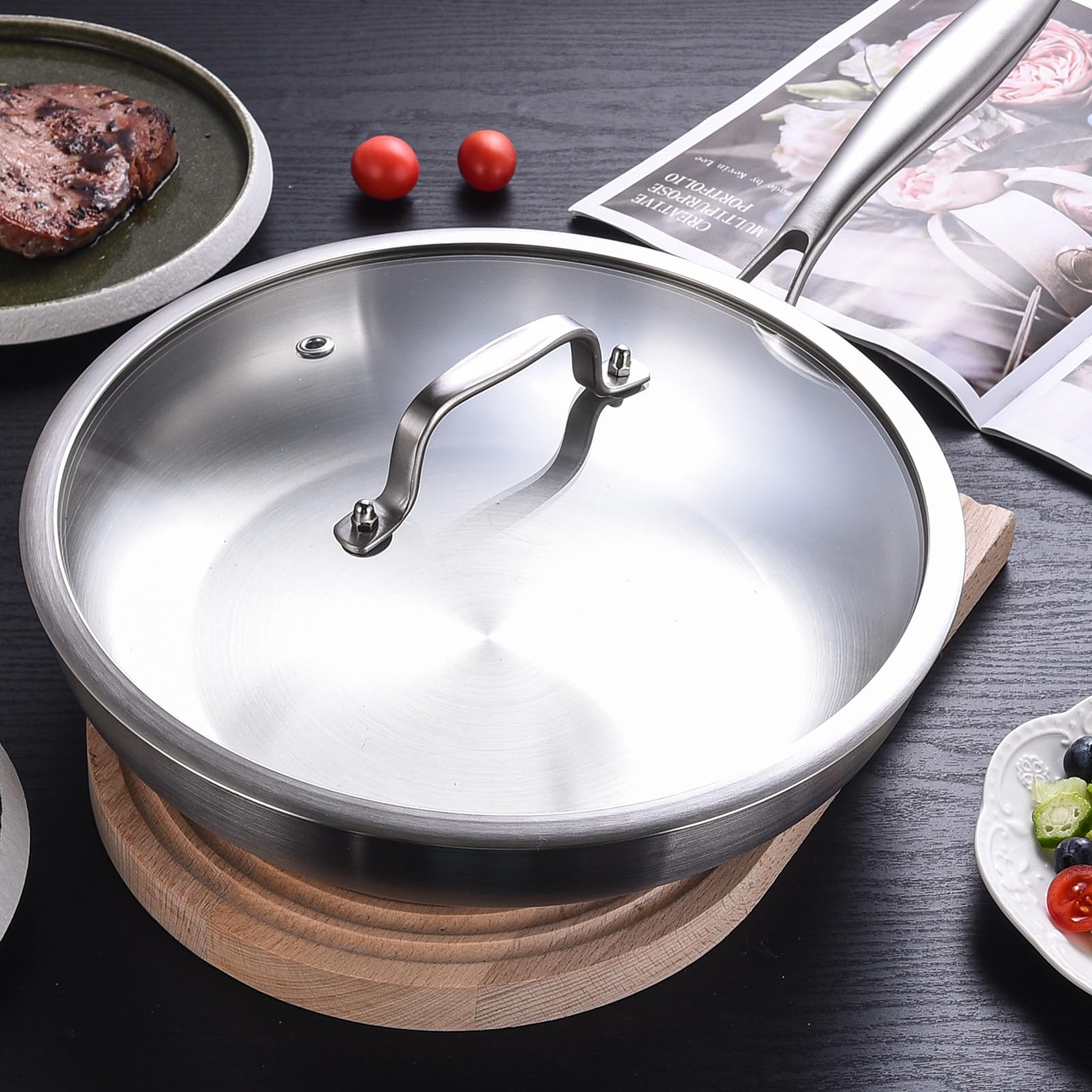Lolykitch 9.5 Inch Tri-Ply Stainless Steel Frying Pan With Lid,Skillet,Induction Cooking Pan,Dishwasher And Oven Safe,Riveted Ha