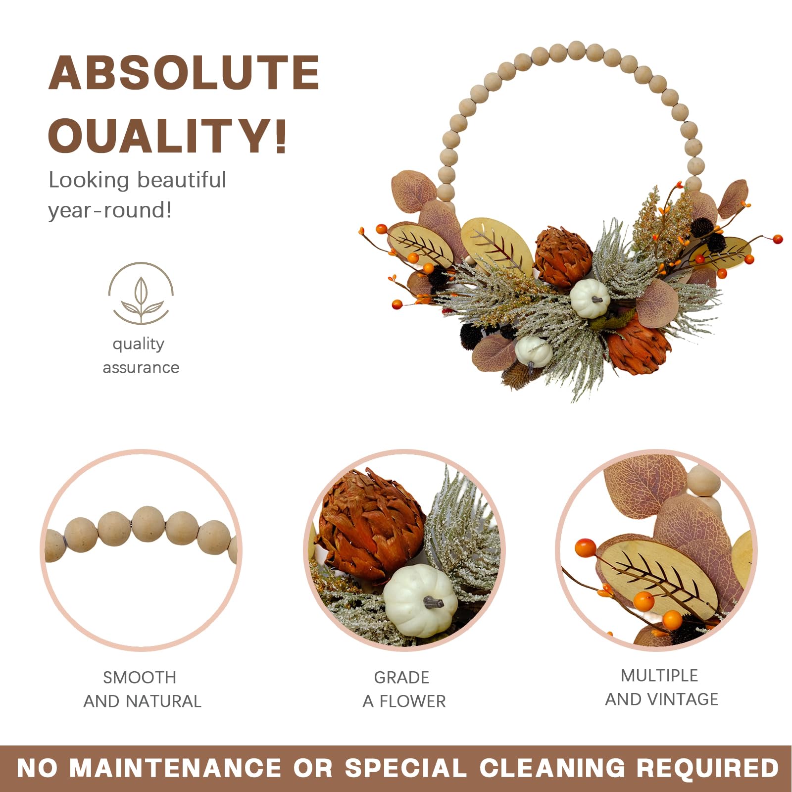 TEMPUS 16 Artificial Fall Wooden Beads Wreath with Leaves, Chrysanthemums & Mini Pumpkins - Handcrafted Harvest Decor for Front