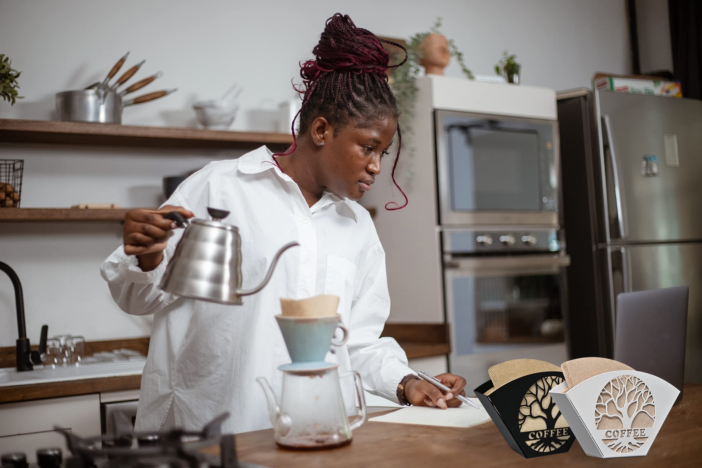 Stylish Coffee Filter Holder With Iron Fan Shape Evenly Spread Out Filters, Coffee Filter Rack With Tree Of Life Decor Upgrade Y