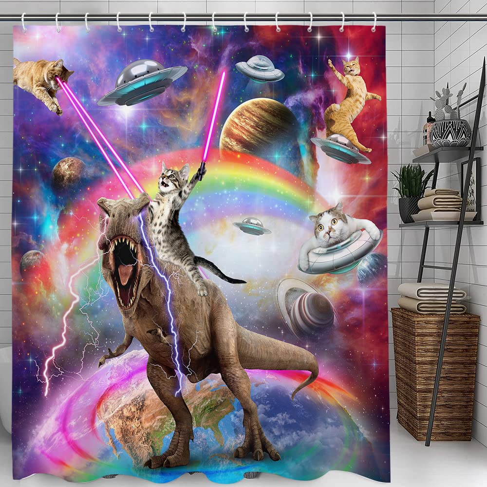 Funny Cat Shower Curtain Boys Kids Bathroom Decor, Cool Cat Riding Dinosaur On Fantasy Galaxy Hilarious Shower Curtain, Funky Ou