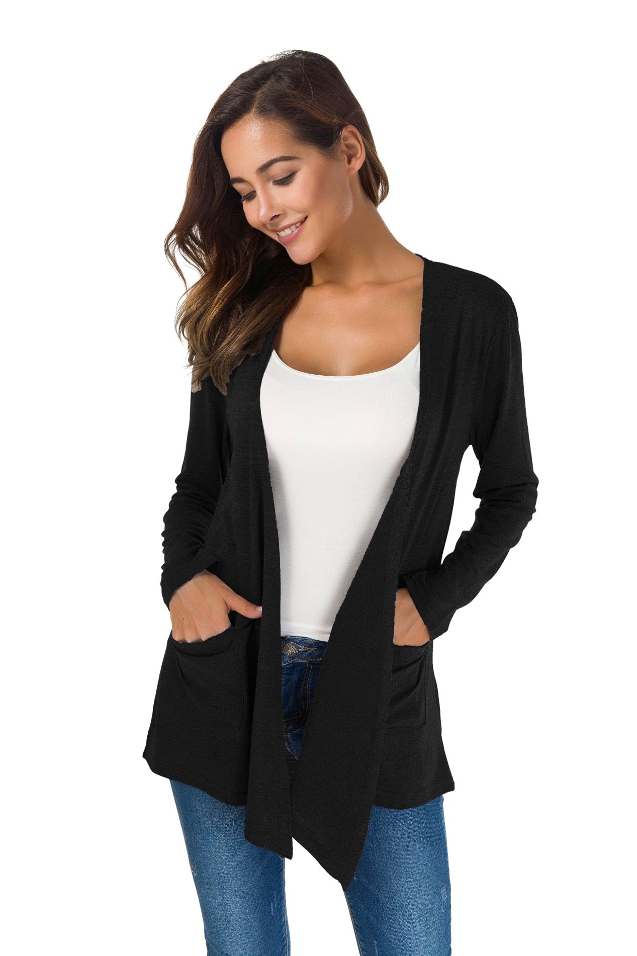 Towncat Cardigans For Women Loose Casual Long Sleeved Open Front Breathable Cardigans With Pocket (Black,M)
