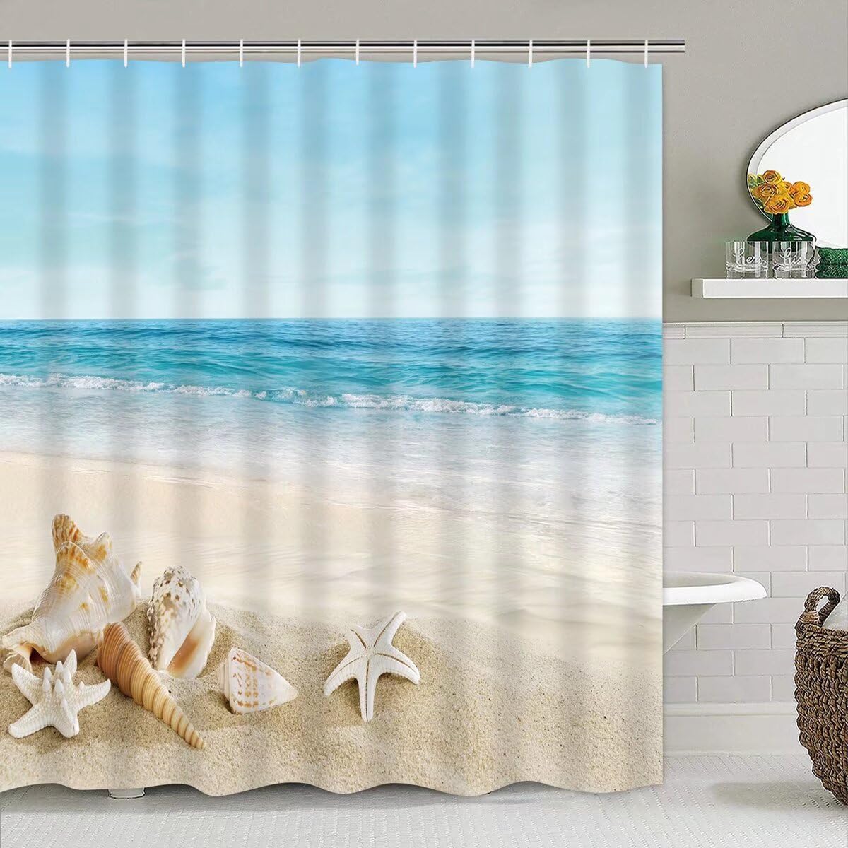 Chrainy 4Pcs Summer Beach Shower Curtain Sets Sea Ocean Bathroom Set Decor With Non-Slip Rugs Bath U-Shaped Mat Toilet Lid Cover