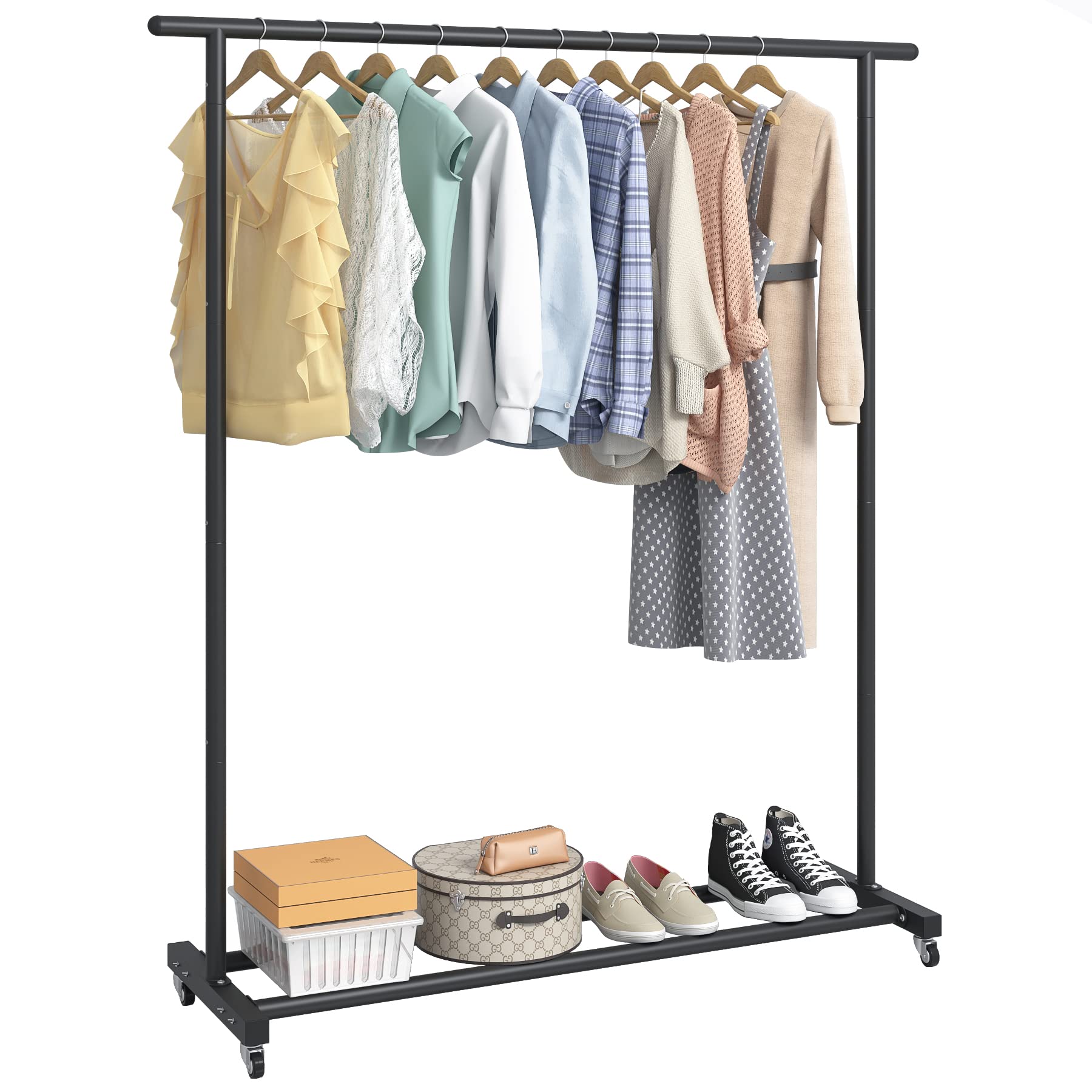 Buzowruil Clothing Clothes Rack Standard Rod Simple Rolling Metal Garment Rack Organizer Freestanding Hanger With Wheels,Black