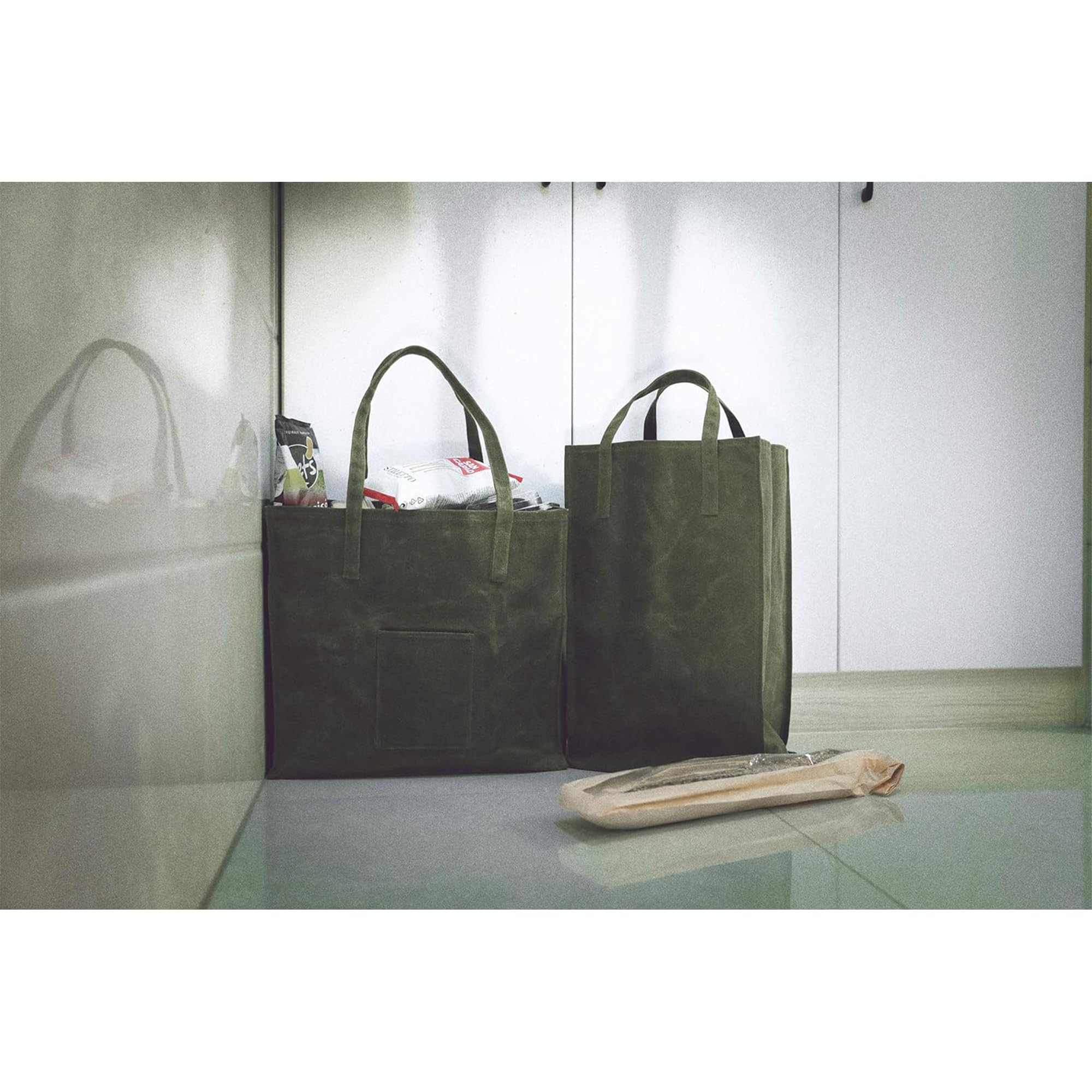 Kaaltisy Waxed Canvas Reusable Grocery Bag Heavy Duty Waterproof Shopping Bag Well Self-Standing Sturdy Farmers Market Bag, Wide