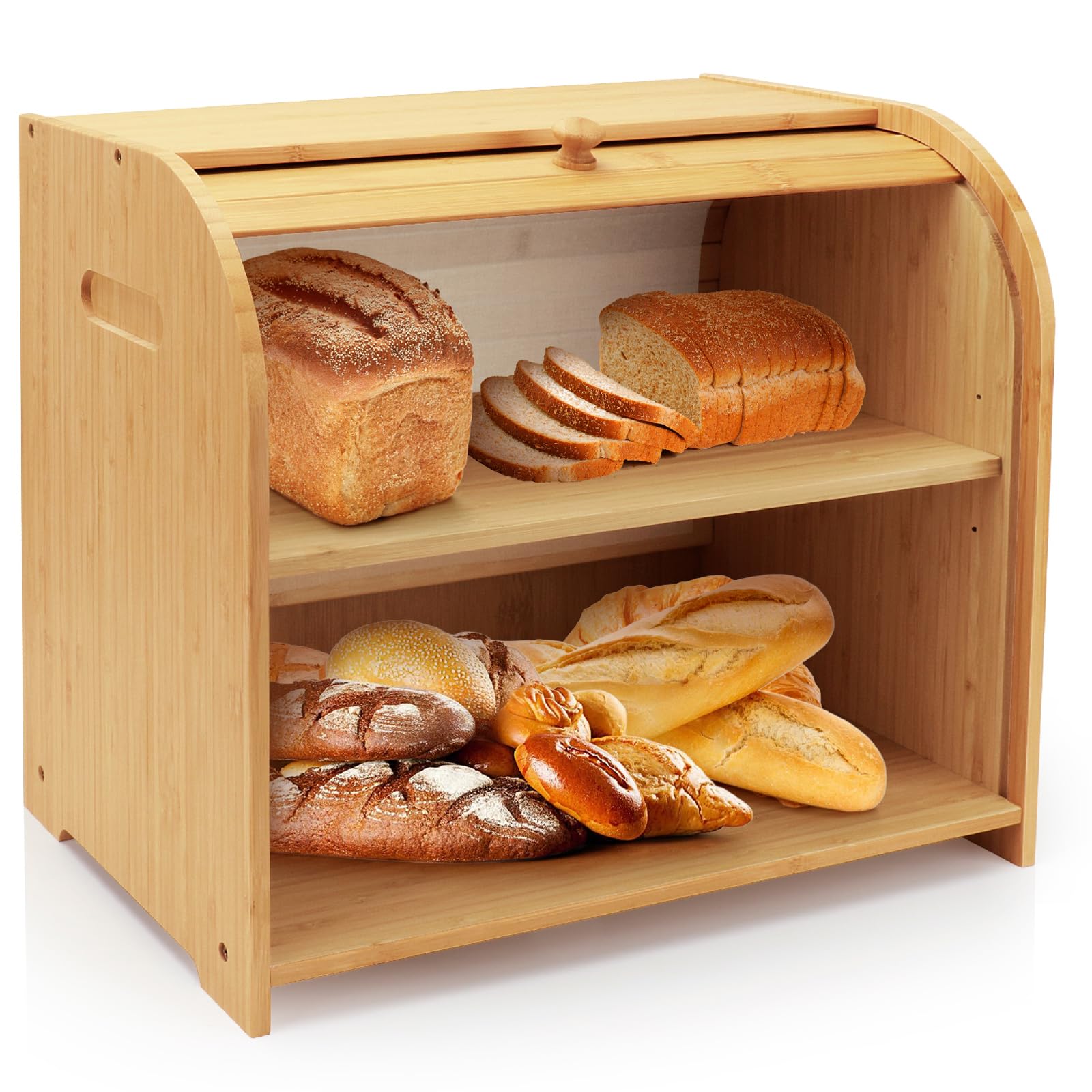 Thalomely Bamboo Bread Box for Kitchen Countertop,2Tier RollTop Bread Bin