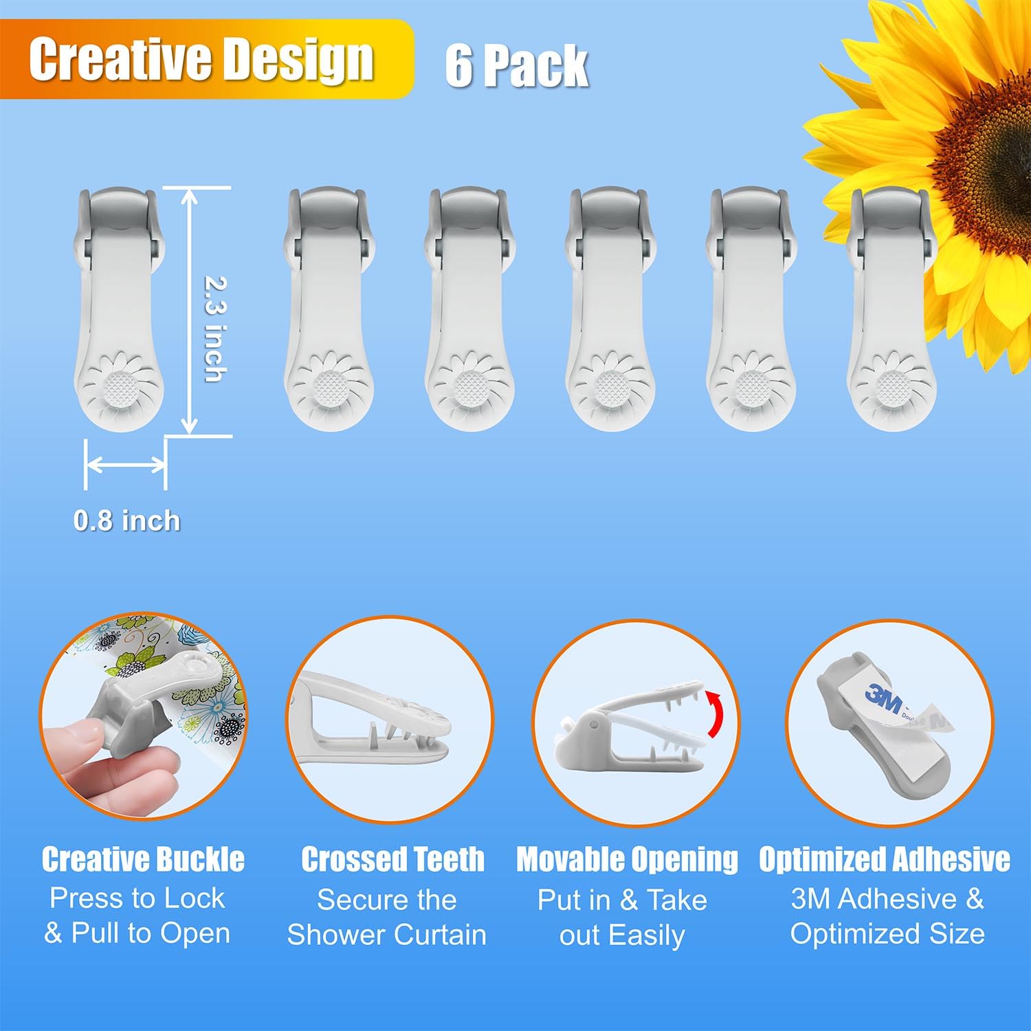 Kingwee Sunflower Shower Curtain Clips, Shower Splash Guard Holders, Bathtub Curtain Liner Clips For Windproof & Splash Water (G