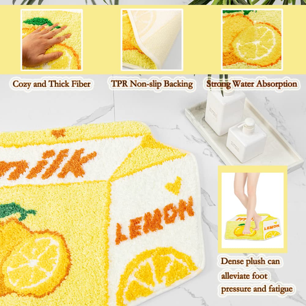Lemon Fruit Bath Mat For Bathroom Rugs Cute Yellow Absorbent Non Slip Fruit Lemon Bath Rug Milk Cartoon Shaped Fun Plush Microfi