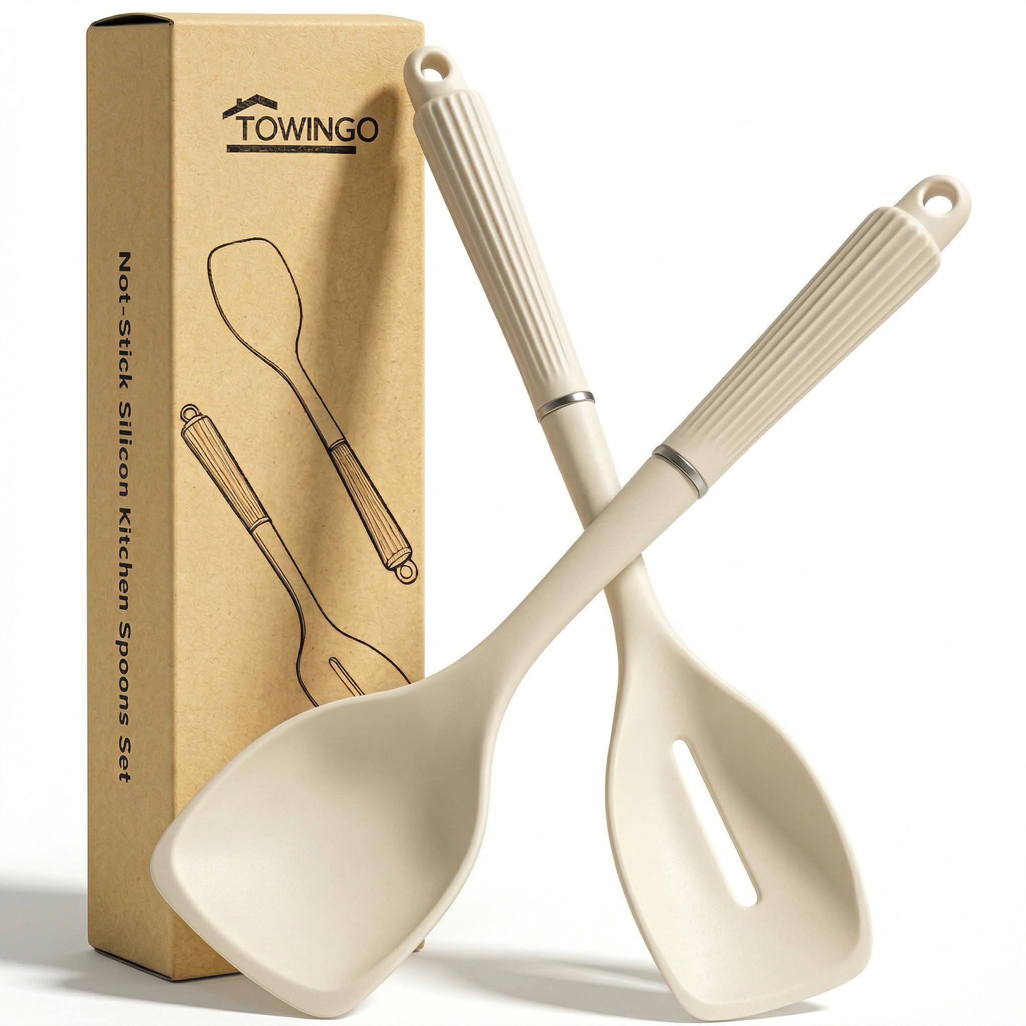 13Inch Silicone Cooking Spoon Spatula, Large Rubber Solid Slotted Spoon Set