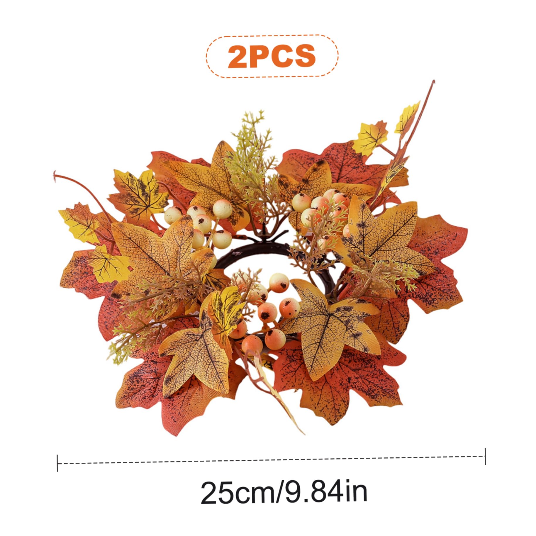 2Pcs Fall Candle Ring 9.8 Inch Autumn Candle Ring Artificial Maple Leaf Wreath Thanksgiving Candle Ring Holder Mini Fall Wreath