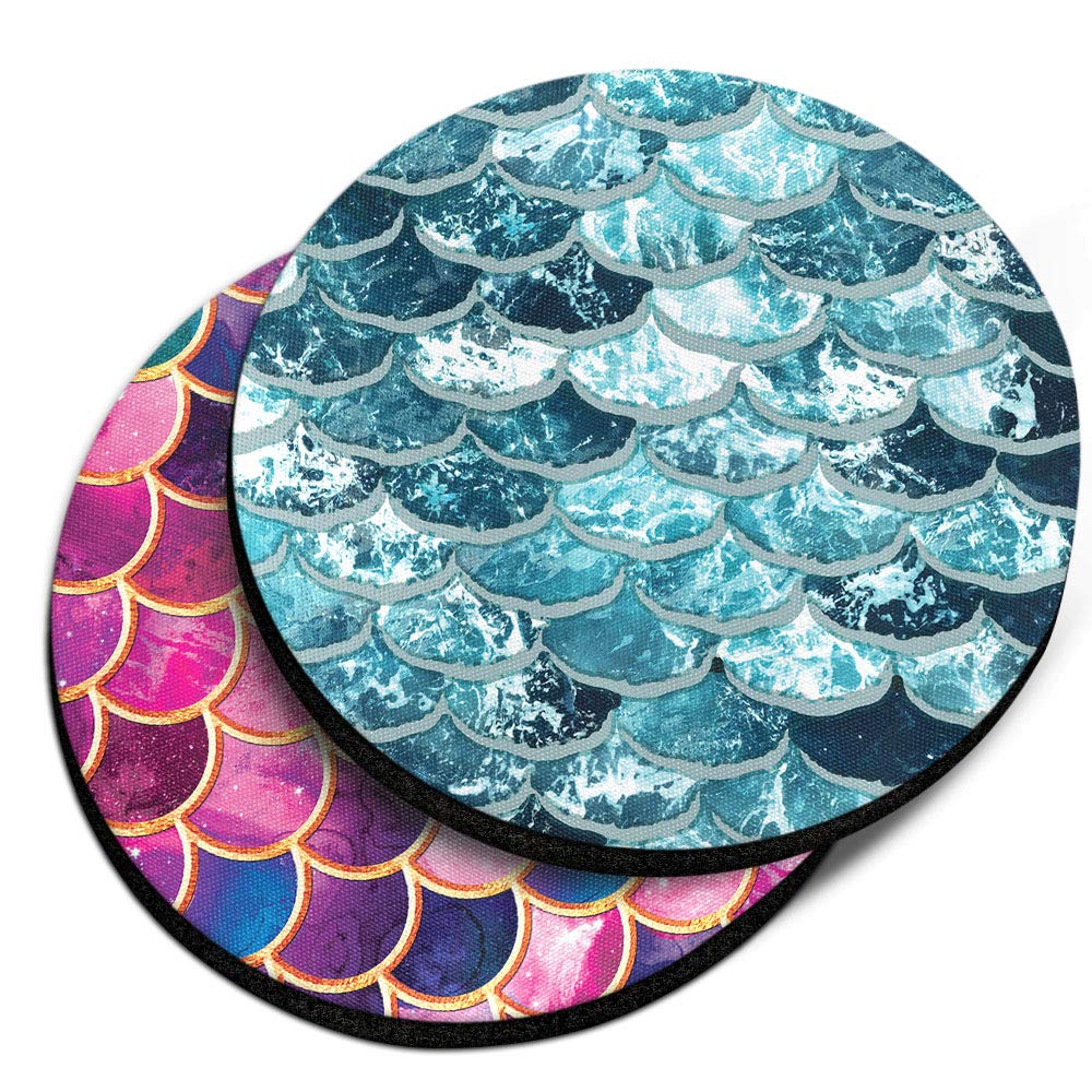 Caribou Coasters, Mermaid Scales Blue Wave + Pink Mermaid Scales Design Absorbent Round Fabric Felt Neoprene Car Coasters For Dr