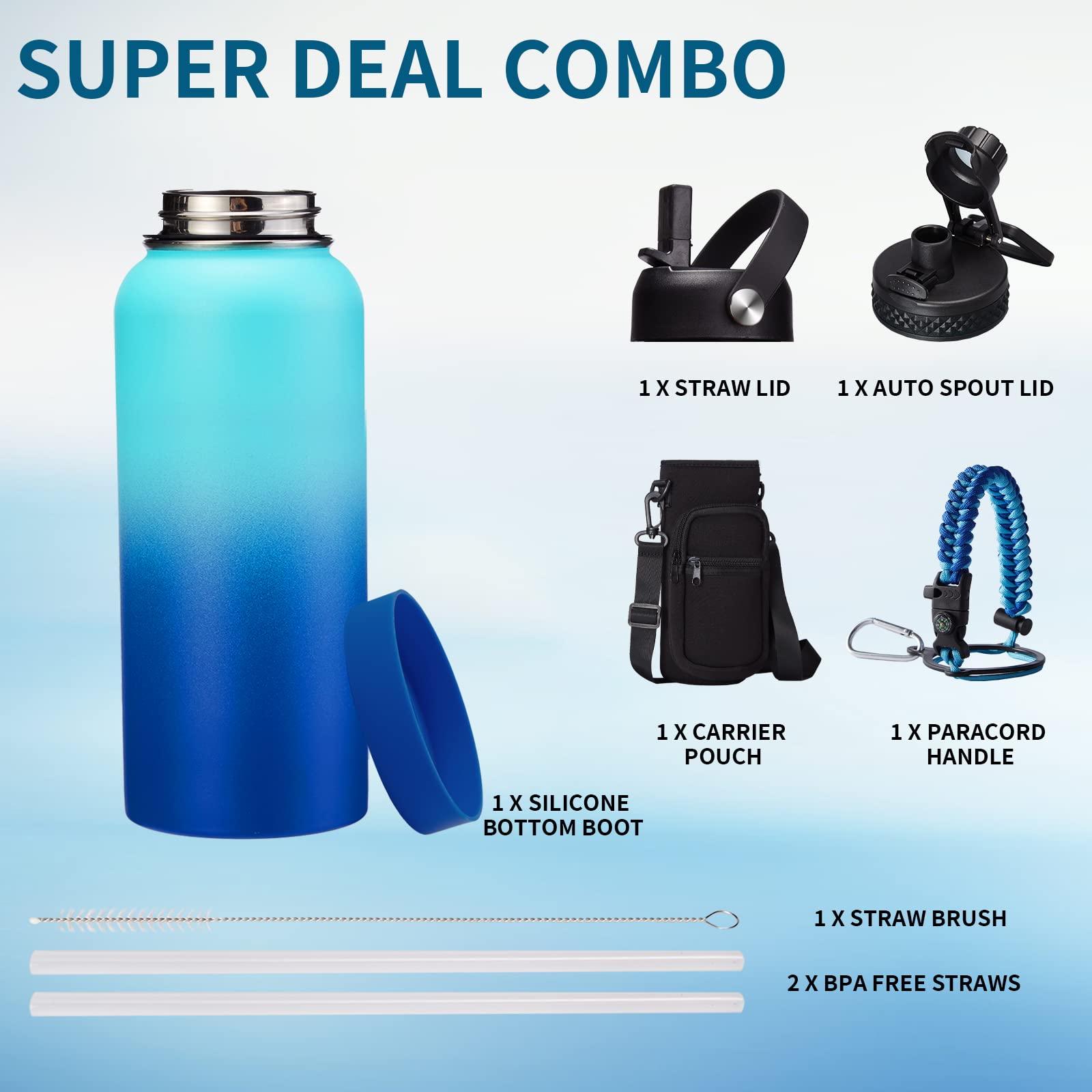 32oz/40oz/64oz Insulated Water Bottles - Vacuum Double Walled Cold-48H Hot-24H  Water Bottle w/Straw & Chug Lid  Paracord Handle  Bottle Carrier  Stainless Steel Water Flask Mug for Sport Gym Yoga