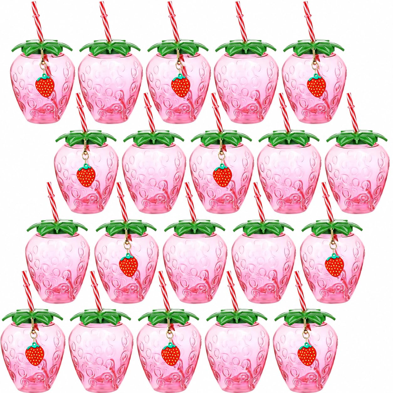 Ciieeo 20 Pack Strawberry Shaped Cups with Lids and Straws, 17 oz Reusable Cute Party Tumblers for Kids & Adults, Pink Kawaii Pl