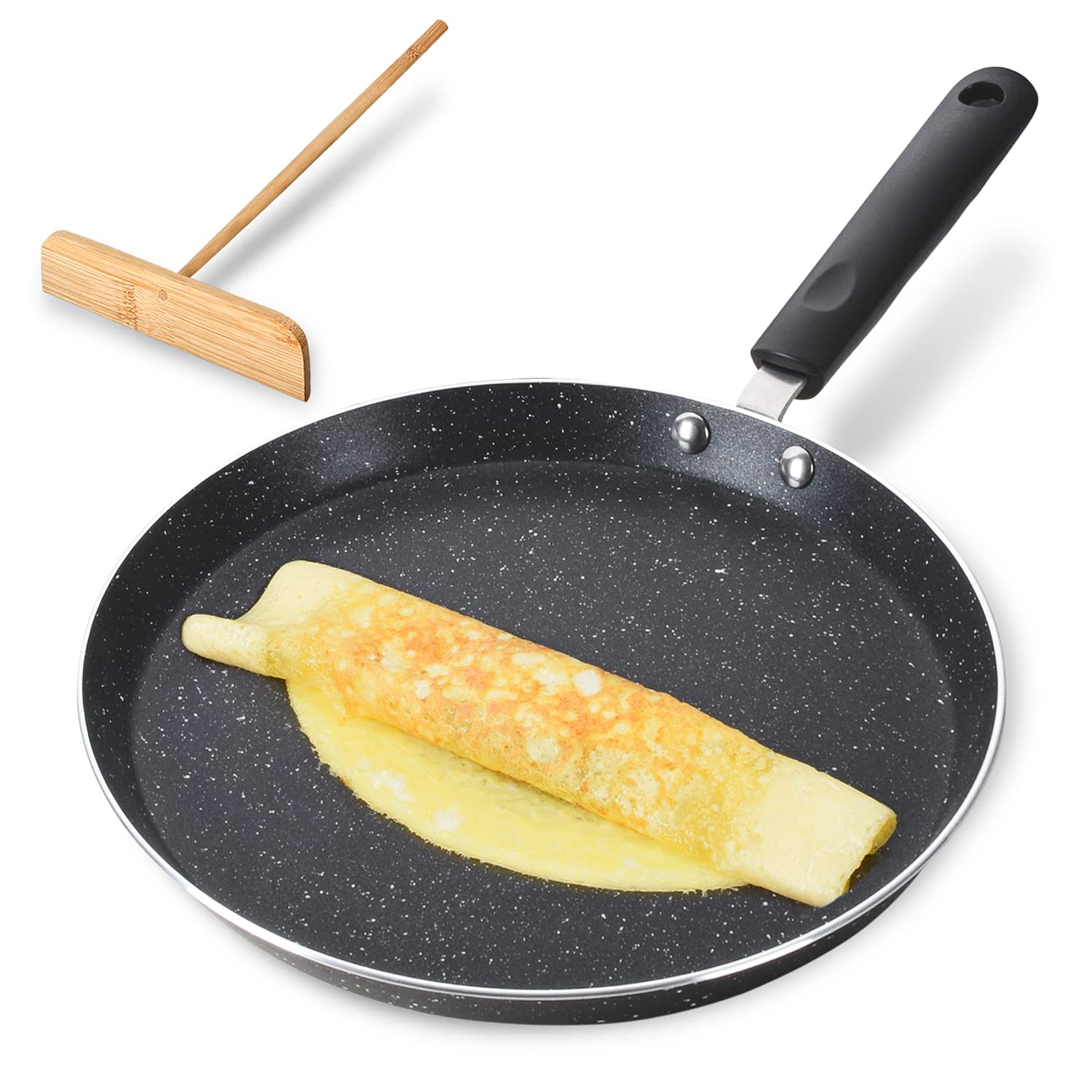Buecmue 10.5 Inch Nonstick Crepe Pan With Spreader, Granite Coating Skillet Pan For Roti Egg Omelet Tortilla Tawa Dosa, Flat Fry