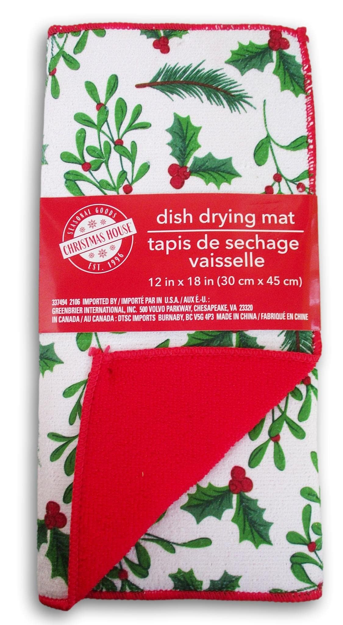 Christmas Time Christmas Winter Holiday Holly Dish Drying Mat - 12 X 18 Inches Multicolor