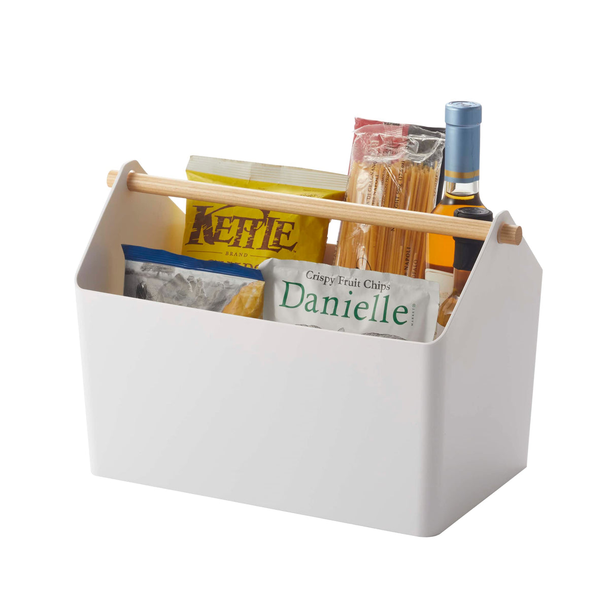 Yamazaki Home Storage Organizer/Cleaning Caddy/Storage Basket With Handle Plastic + Wood One Size White