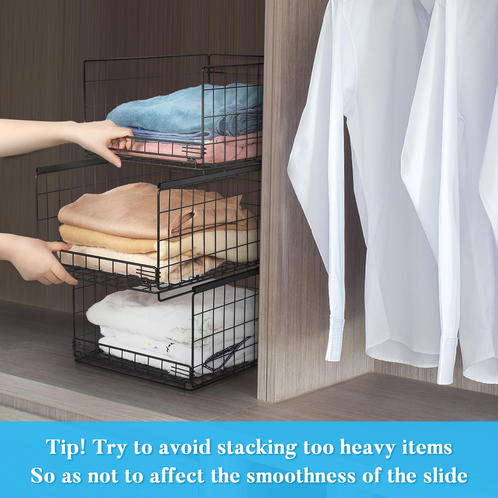 Hongtamoya 4-tier Sliding Closet Organizers and Drawer Storage Shelves, Stackable Storage Bins for Jean Pants Sweaters, Metal Dr