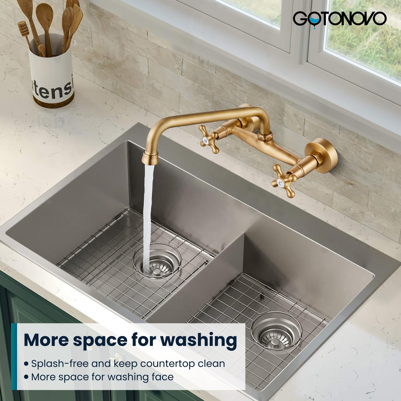 Gotonovo Wall Mount Faucet 8 Inch Center Antique Brass Kitchen Sink Taps 2 Cross Knobs Handle Victorian Commercial With 9 Inch S