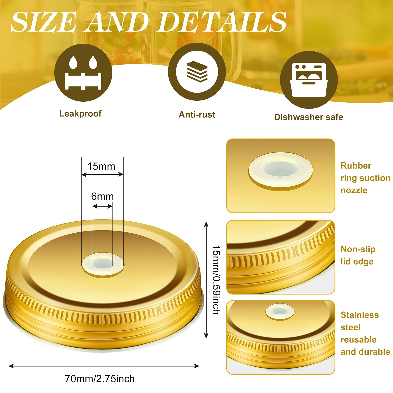 Mudder 8 Pieces Metal Regular Mouth Mason Canning Jar Lids With Straw Hole Leak Proof Reusable Jar, 2.7 Inch (Gold)