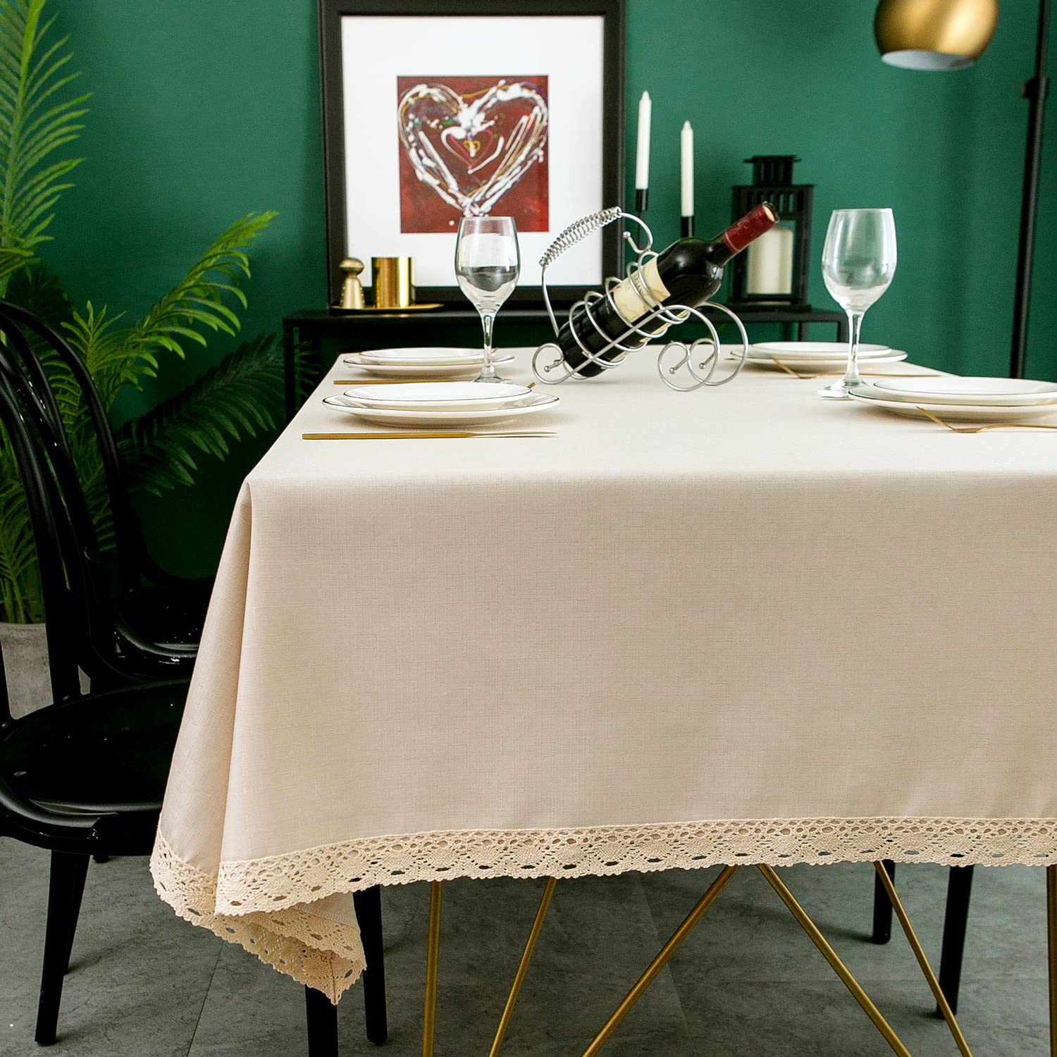 Ehousehome Faux Linen Tablecloth With Lace Trim - Waterproofspill Proofstain Resistantwrinkle Freeoil Proof - For Banquet, Parti