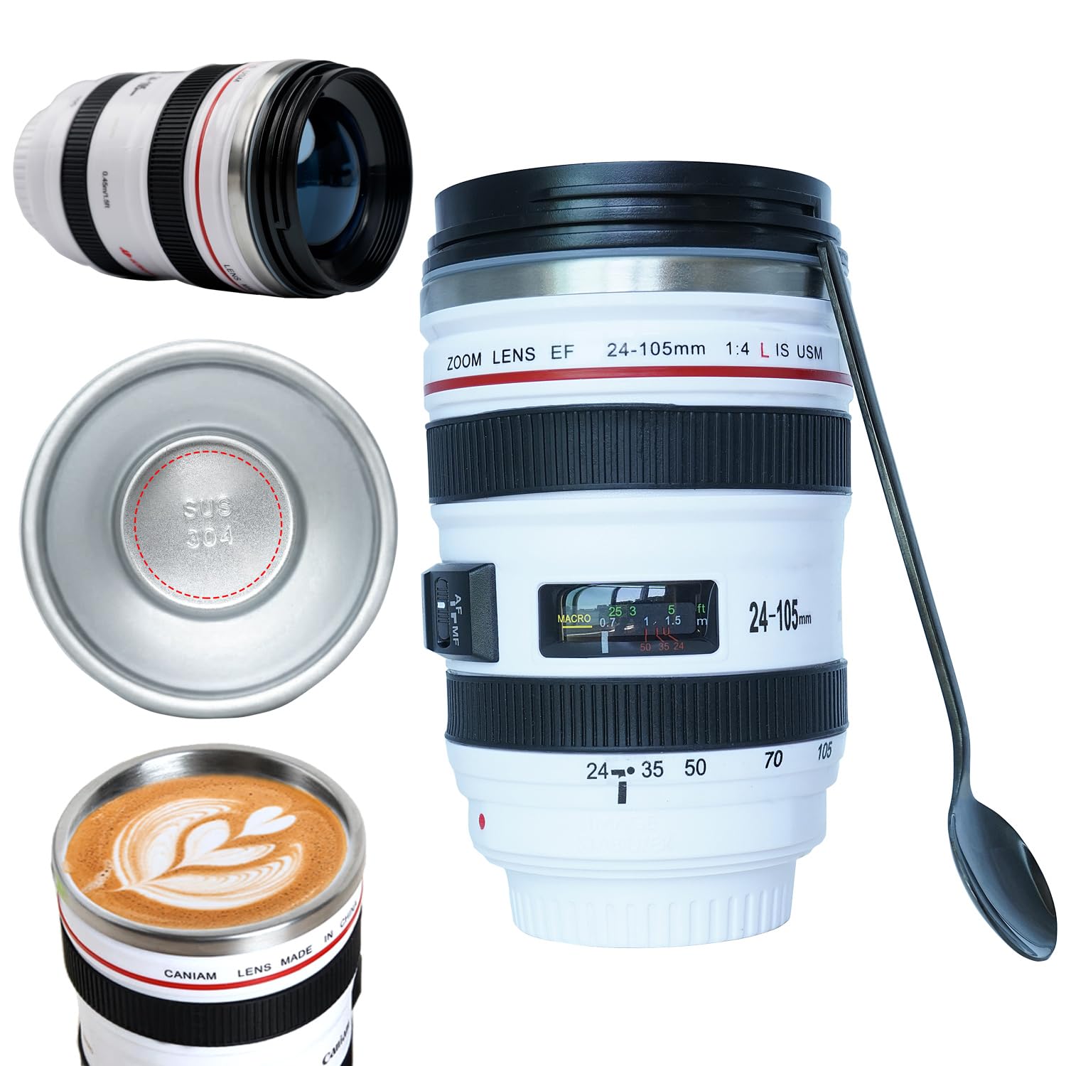 Phantaccy Camera Lens Coffee Mug - Leakproof 13.5Oz Sus-304 Stainless Steel Travel Mug With Spoon, Bpa-Free, Lid For Tea/Water/C