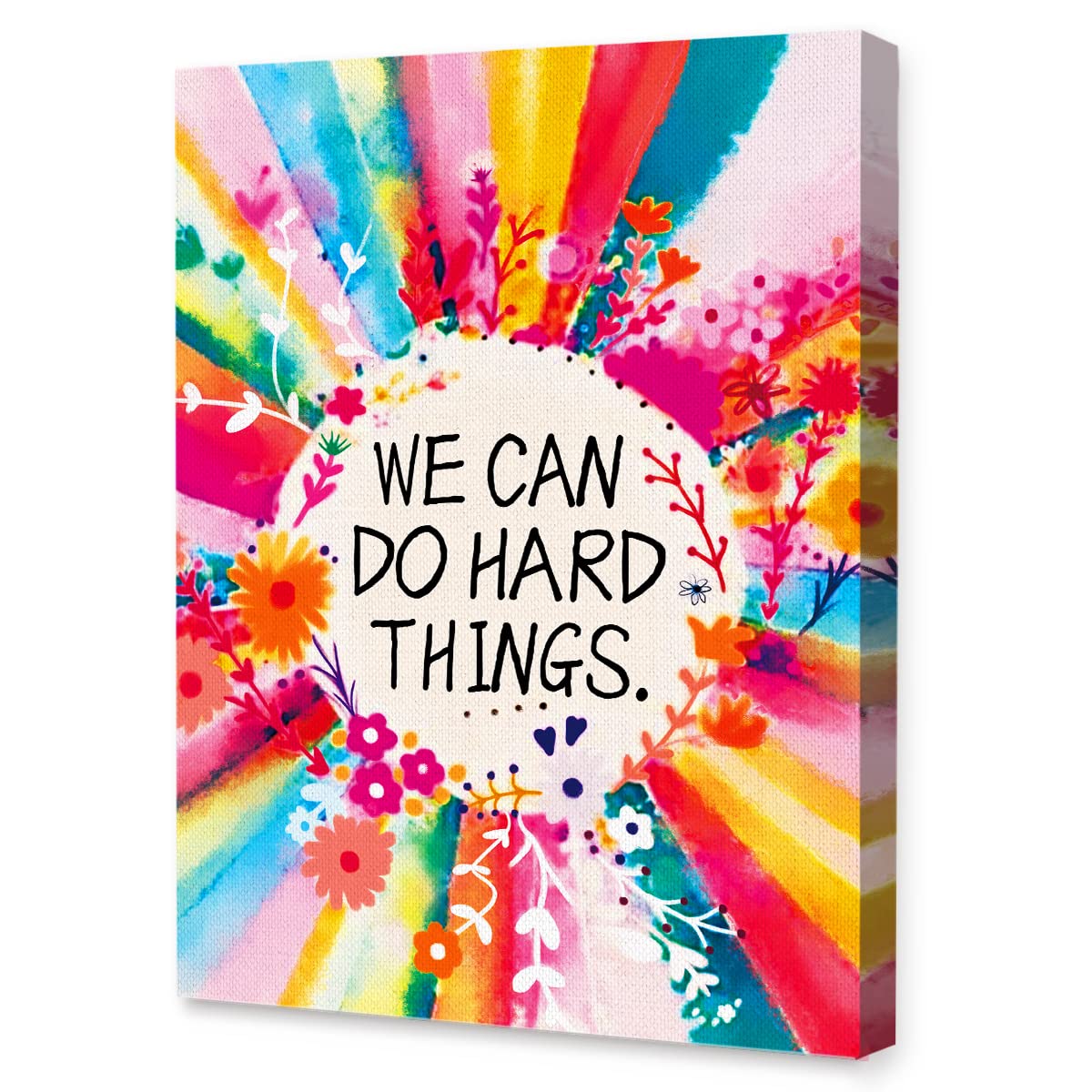 We Can Do Hard Things Inspirational Canvas Framed Wall, Colorful Flowers Girls Affirmation Motivational Canvas Framed Print For