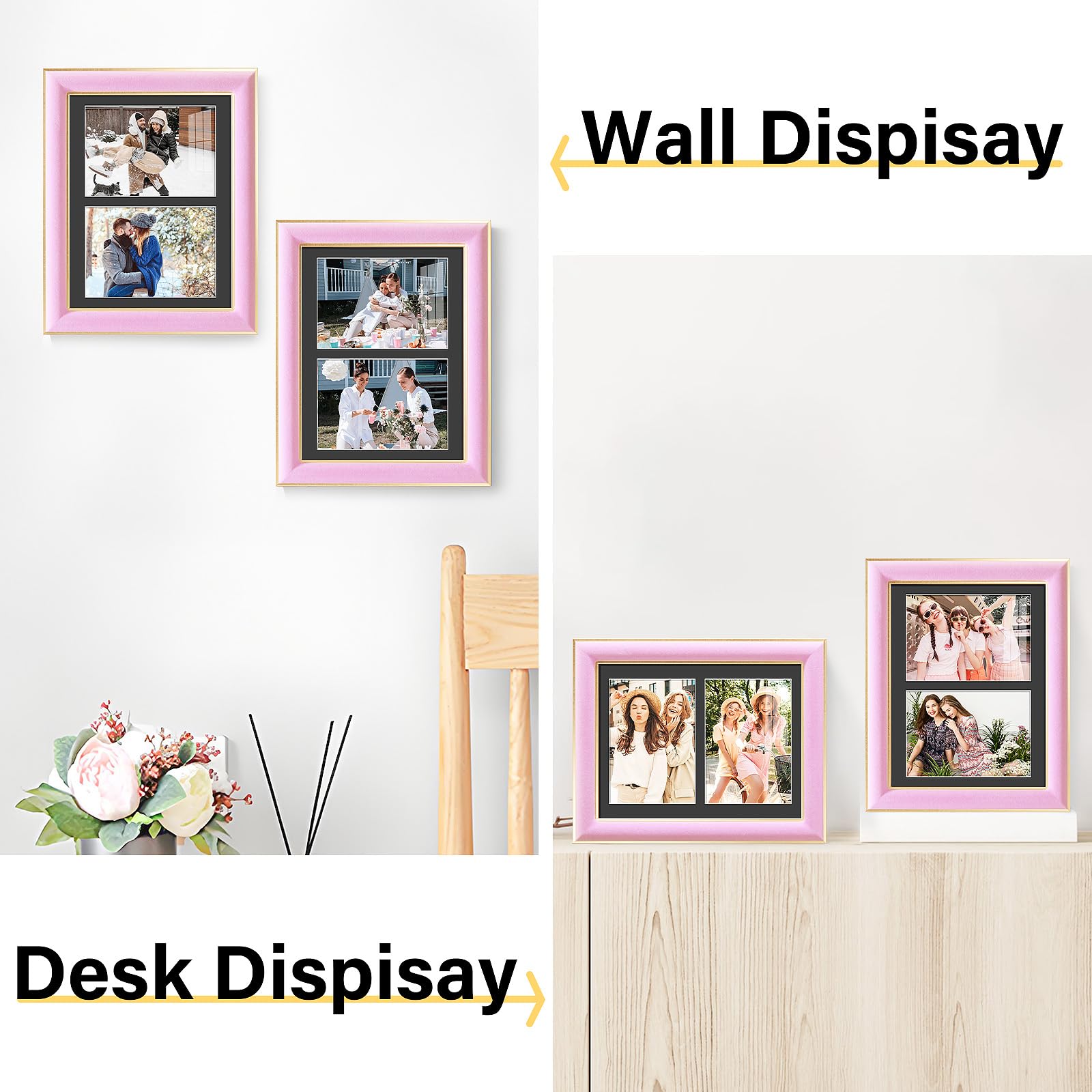 KSROECUD 8.5x11 Velvet Picture Frame with 2 Openings 5x7 Pictures, HD Real Glass Pink Velvet Photo Frame with Black White Border