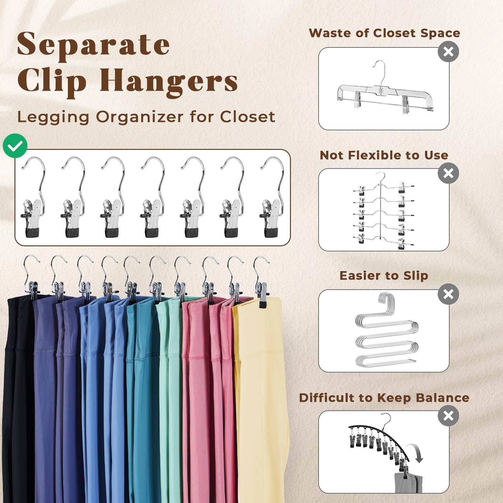 Legging Organizer For Closet, Metal Yoga Pants Hangers 20 Pack Hanging Clips W/Rubber Coated Holds Leggings, Space Saving Hanger